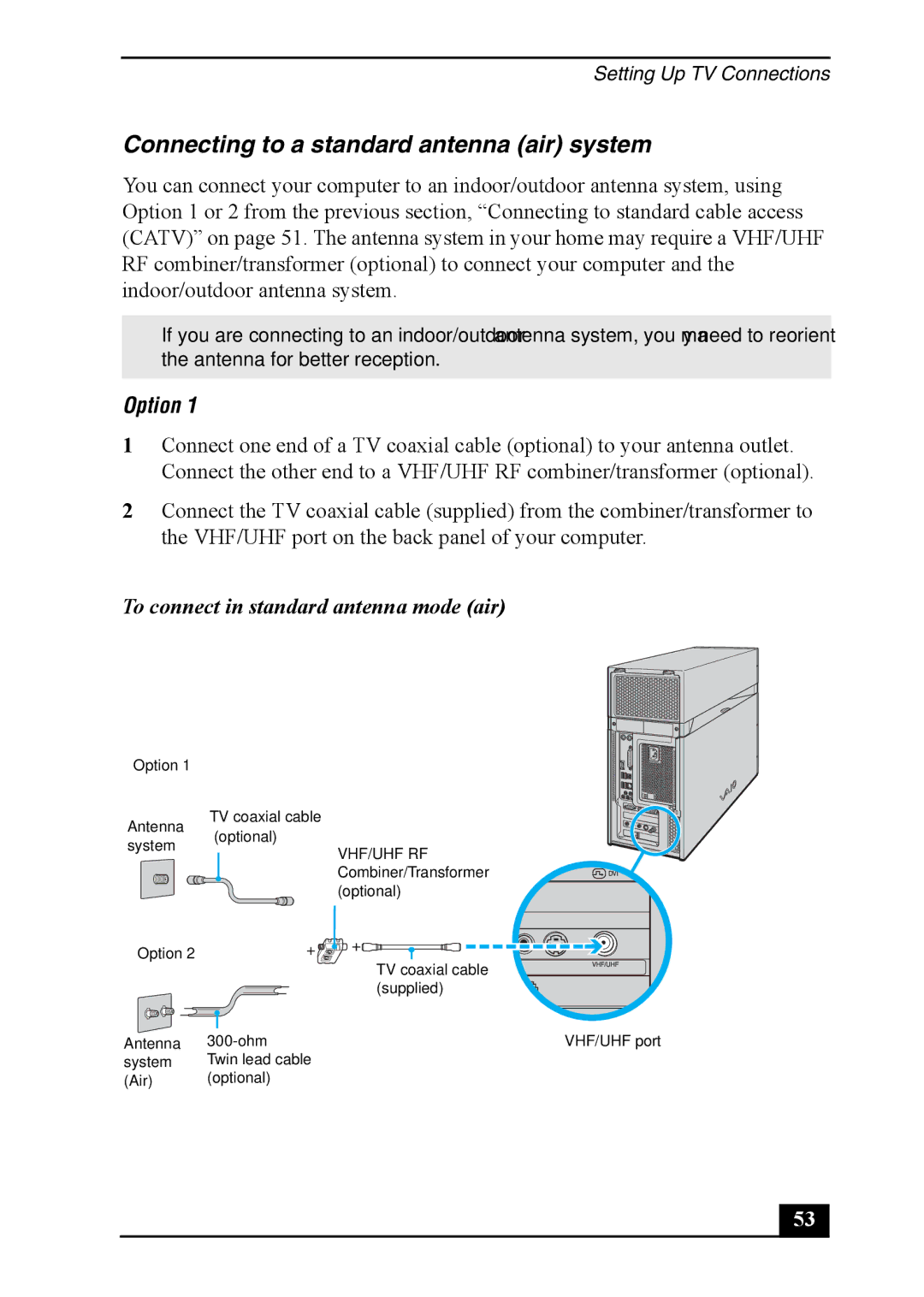 Sony VGC-RA920G, VGC-RA820G quick start Connecting to a standard antenna air system, To connect in standard antenna mode air 