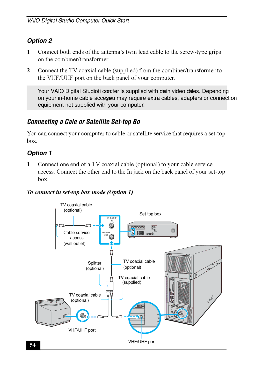 Sony VGC-RA820G, VGC-RA920G quick start Connecting a Cable or Satellite Set-top Box, To connect in set-top box mode Option 