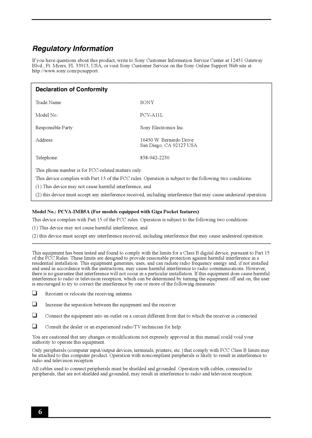 Sony VGC-RA820G, VGC-RA920G quick start Regulatory Information, Declaration of Conformity 