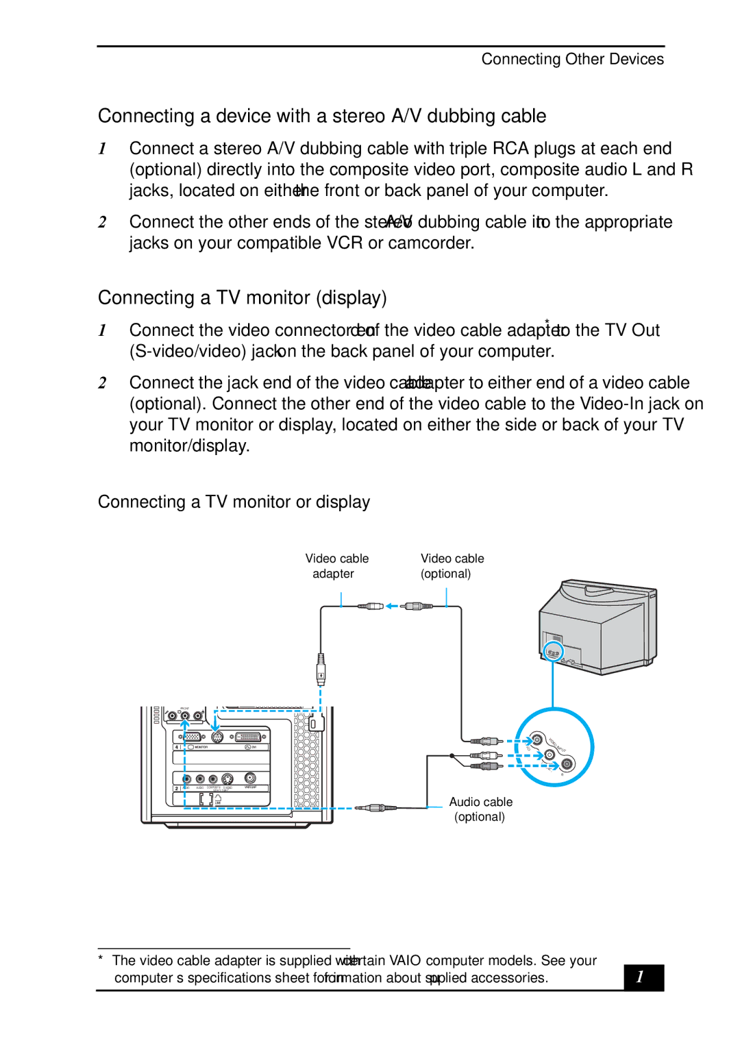 Sony VGC-RA920G, VGC-RA820G quick start Connecting a device with a stereo A/V dubbing cable, Connecting a TV monitor display 