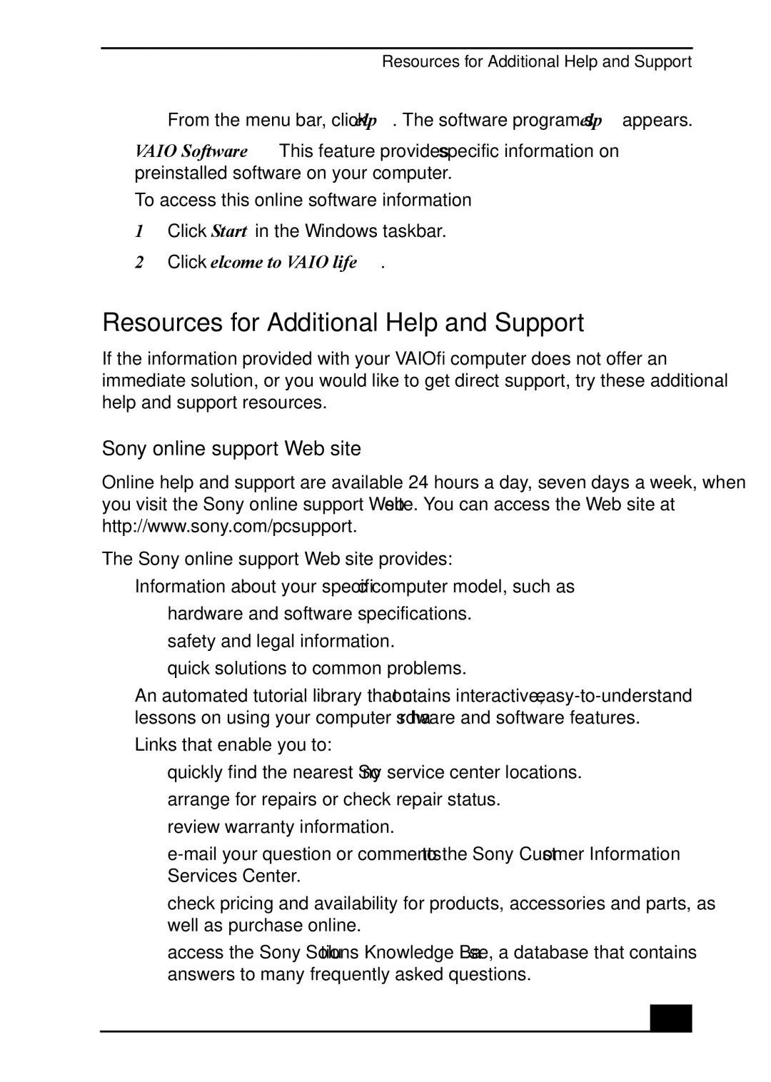 Sony VGC-RA920G, VGC-RA820G quick start Resources for Additional Help and Support, Sony online support Web site 