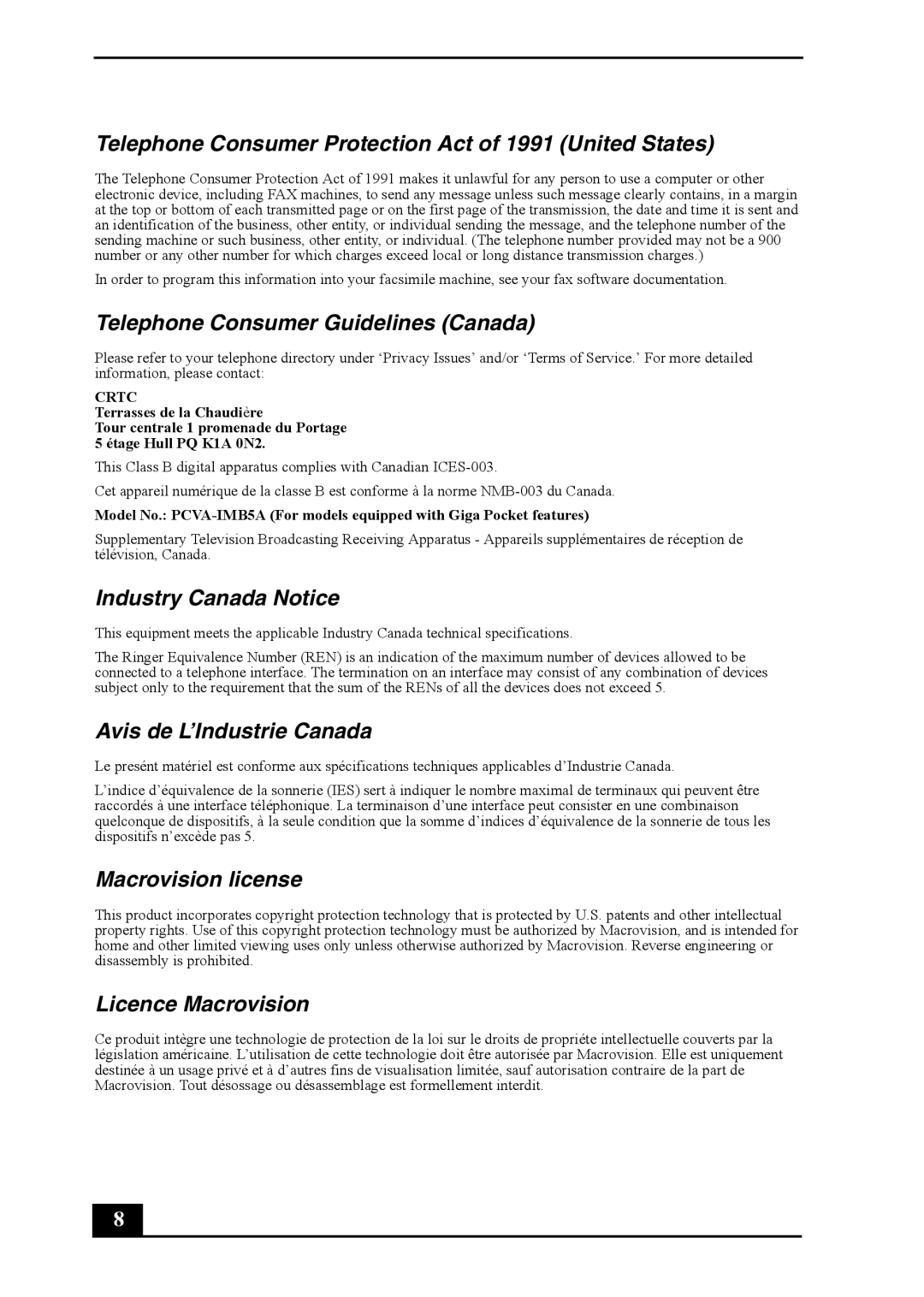 Sony VGC-RA820G, VGC-RA920G Telephone Consumer Protection Act of 1991 United States, Telephone Consumer Guidelines Canada 