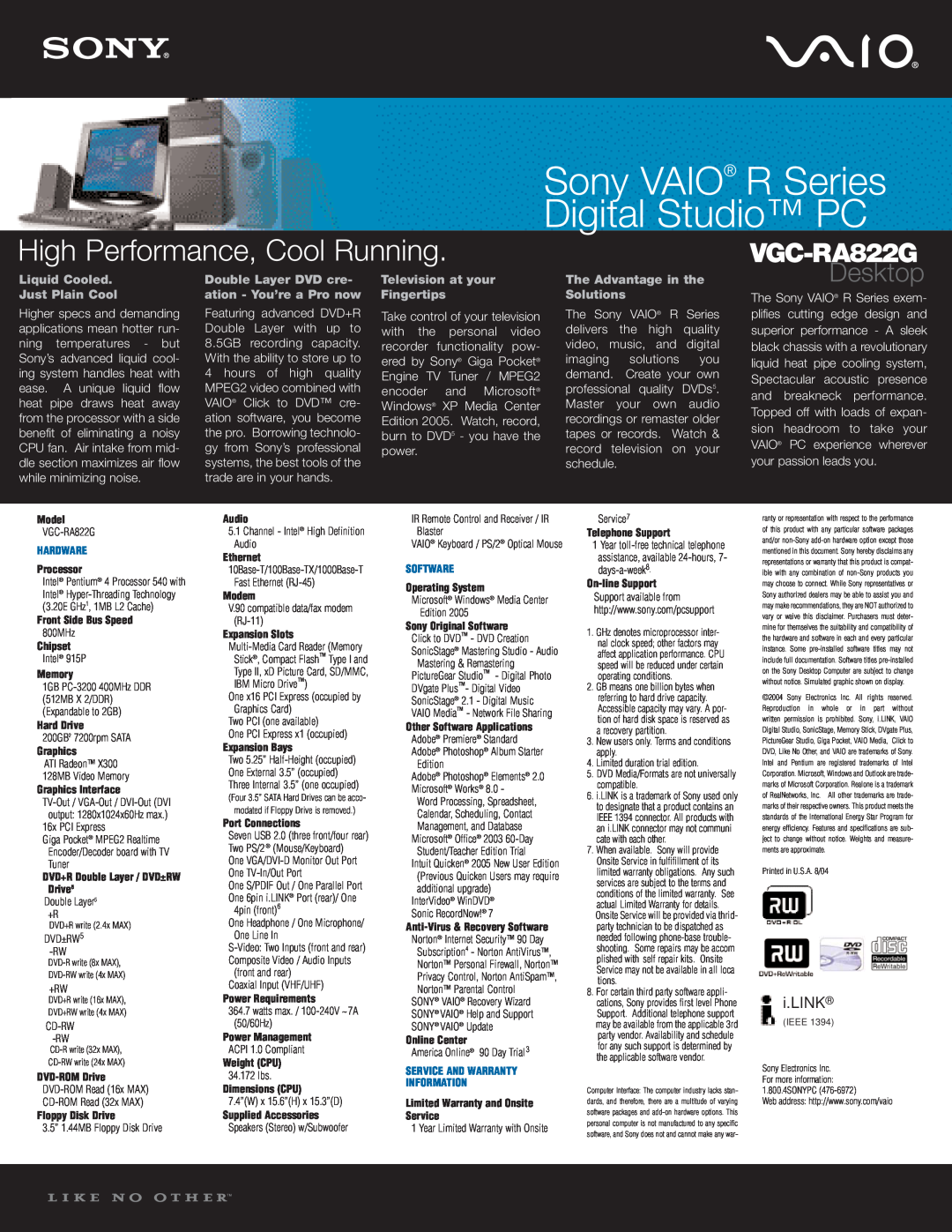 Sony VGC-RA822G dimensions Sony VAIO R Series, Digital Studio PC, High Performance, Cool Running, Desktop, i.LINK 