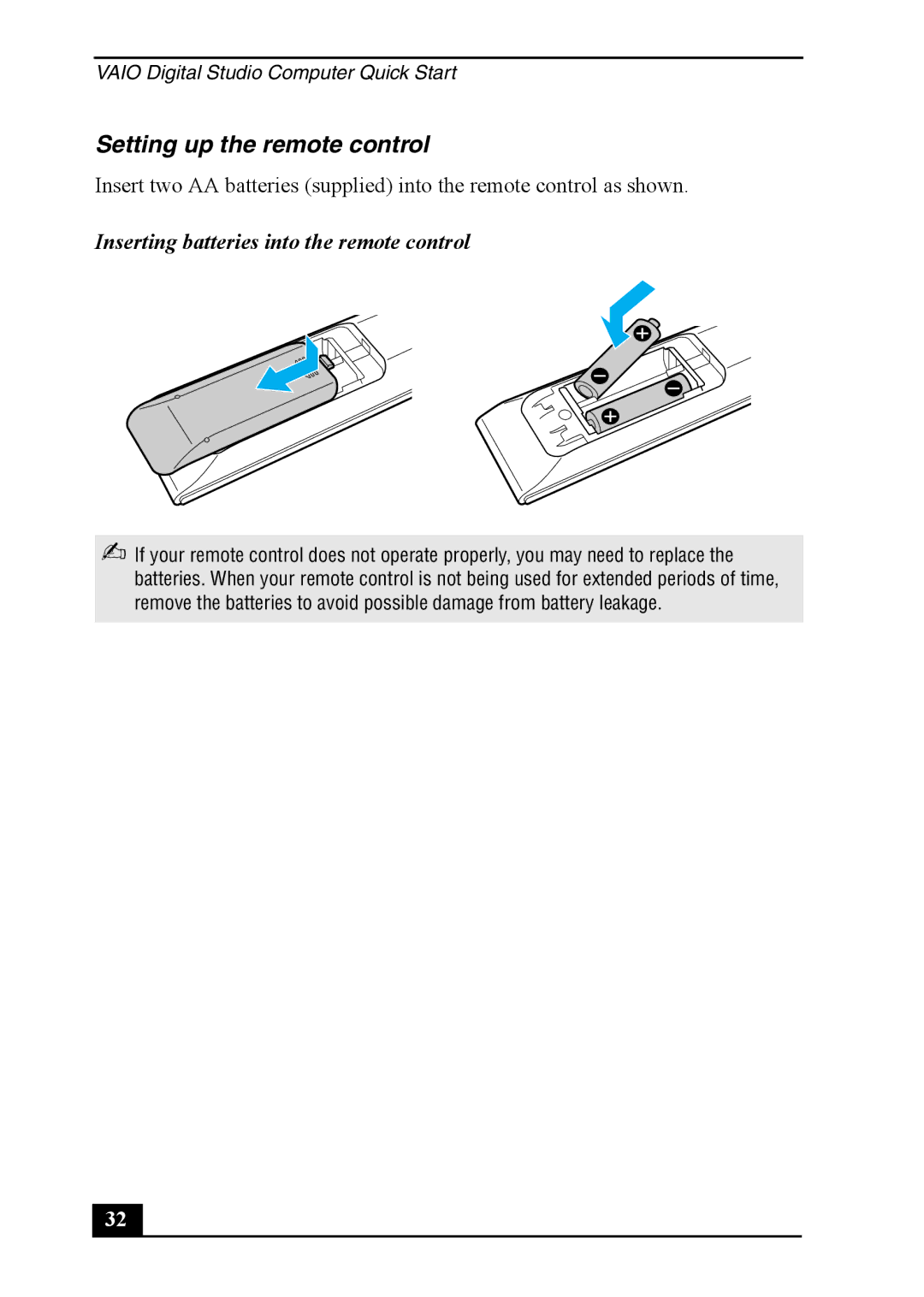 Sony VGC-RA910G, VGC-RA810G quick start Setting up the remote control, Inserting batteries into the remote control 