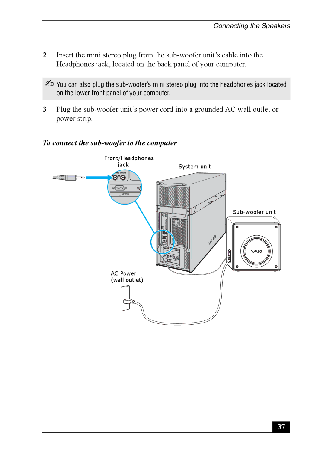 Sony VGC-RA810G, VGC-RA910G quick start To connect the sub-woofer to the computer 