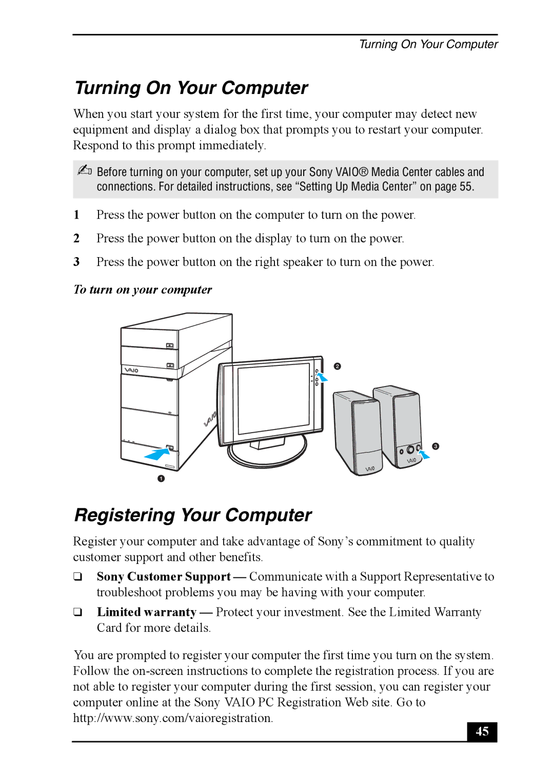 Sony VGC-RA810G, VGC-RA910G quick start Turning On Your Computer, Registering Your Computer, To turn on your computer 