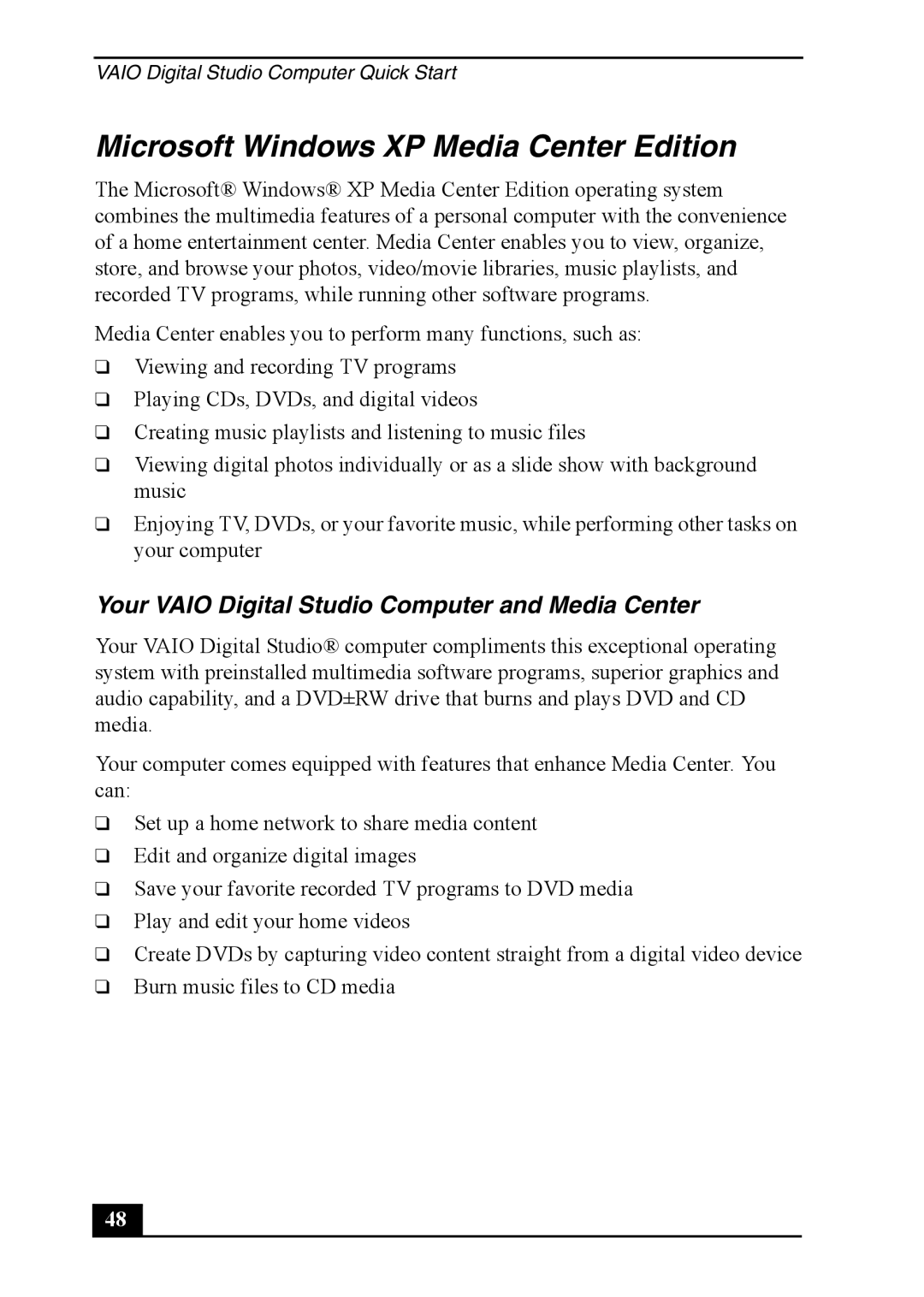 Sony VGC-RA910G, VGC-RA810G Microsoft Windows XP Media Center Edition, Your Vaio Digital Studio Computer and Media Center 