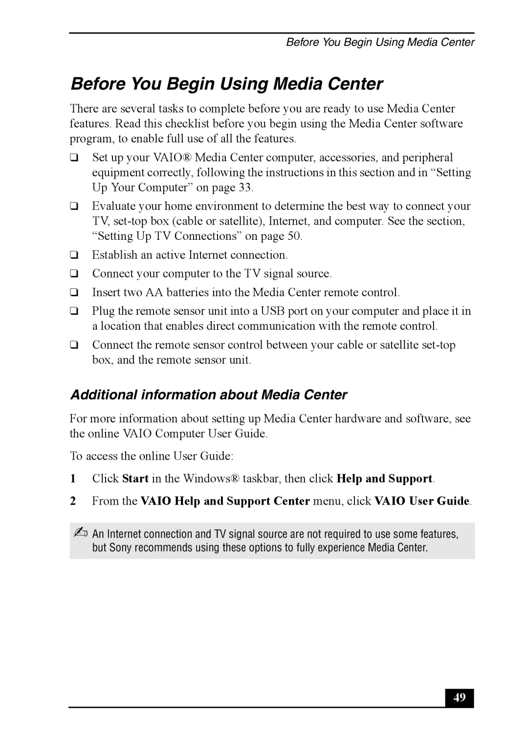 Sony VGC-RA810G, VGC-RA910G quick start Before You Begin Using Media Center, Additional information about Media Center 