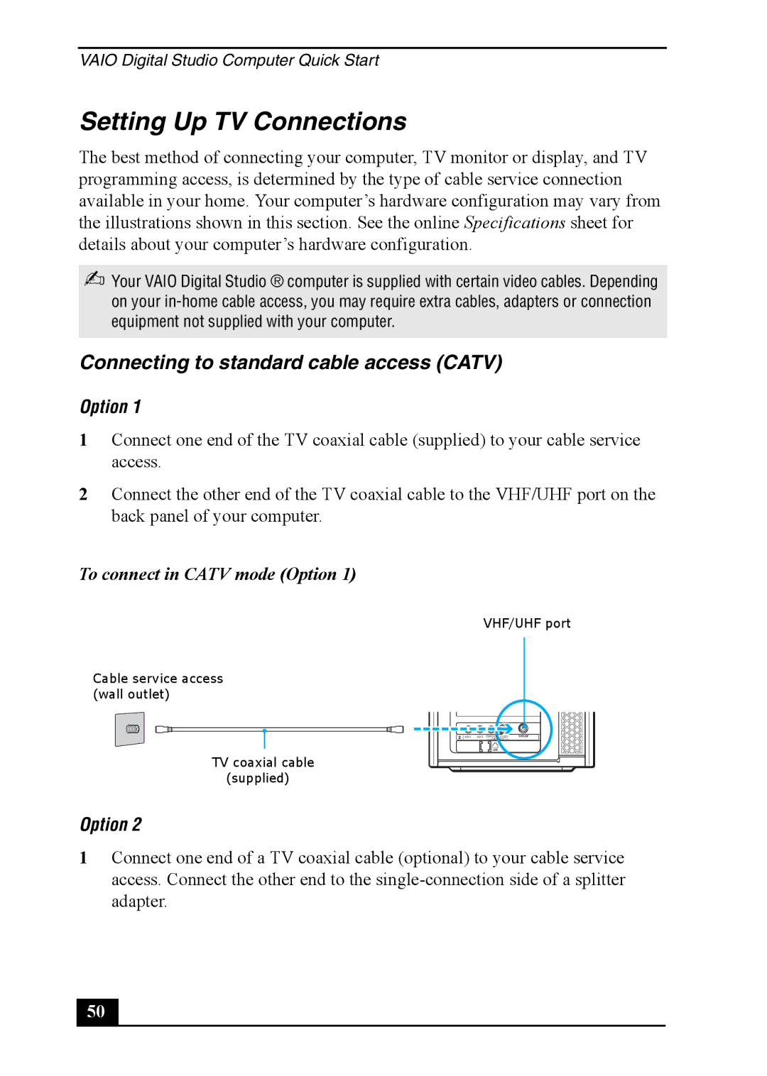 Sony VGC-RA910G, VGC-RA810G quick start Setting Up TV Connections, Connecting to standard cable access Catv, Option 