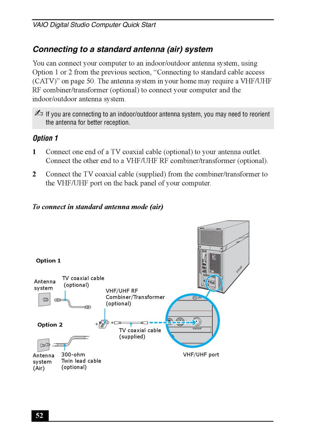 Sony VGC-RA910G, VGC-RA810G quick start Connecting to a standard antenna air system, To connect in standard antenna mode air 