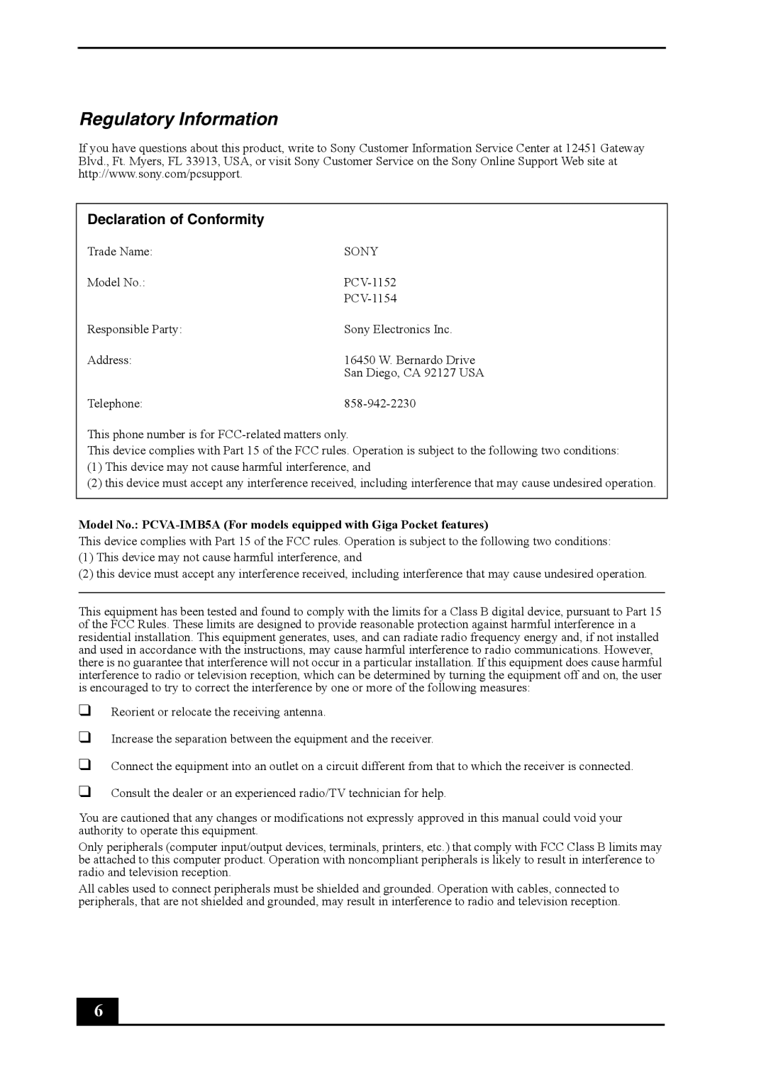 Sony VGC-RA910G, VGC-RA810G quick start Regulatory Information, Declaration of Conformity 