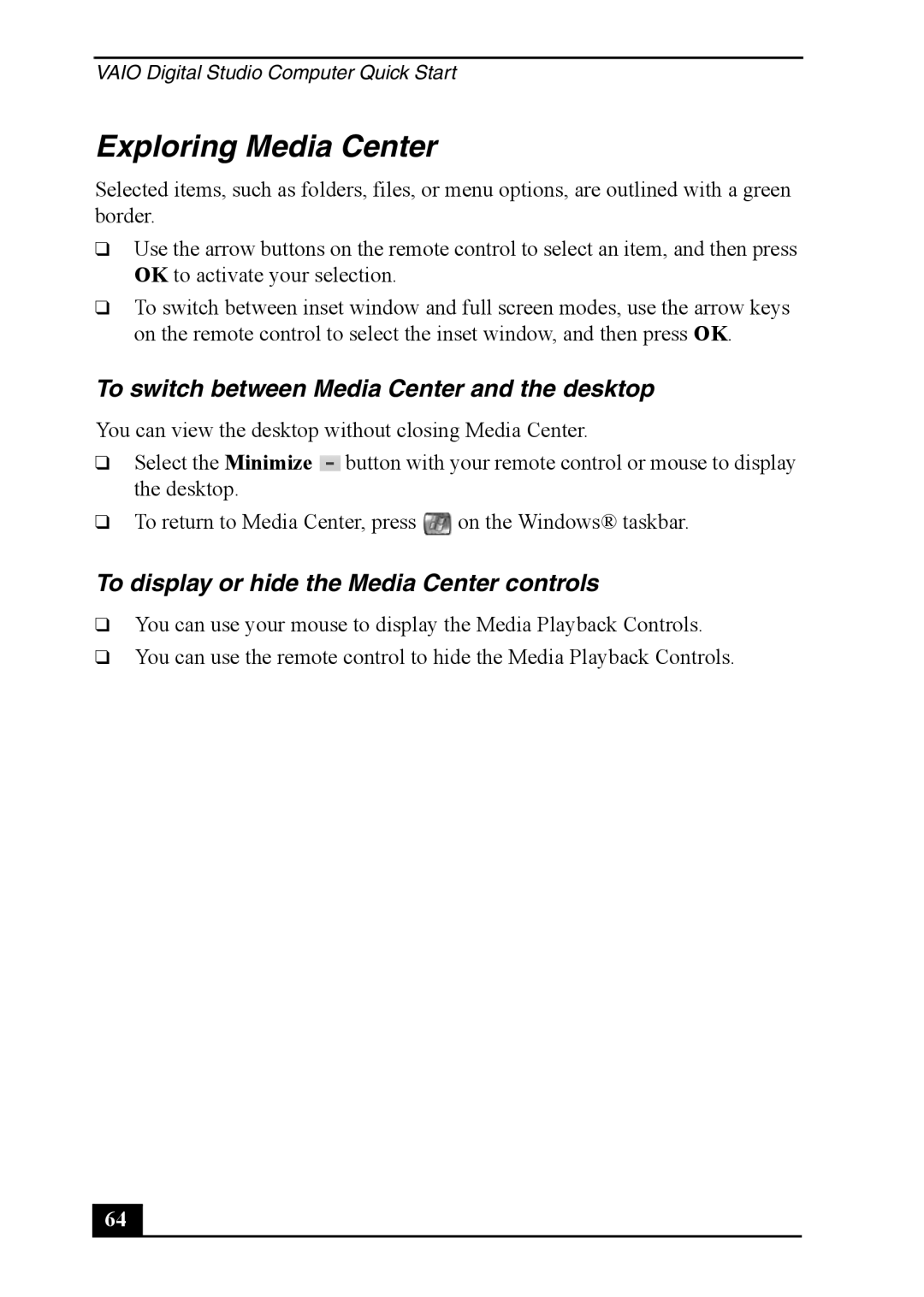 Sony VGC-RA910G, VGC-RA810G quick start Exploring Media Center, To switch between Media Center and the desktop 