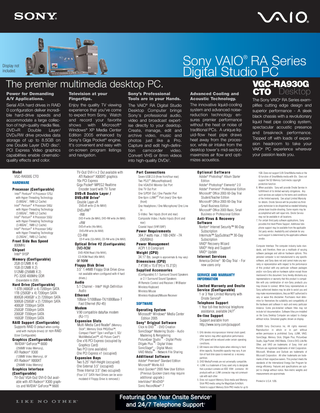 Sony VGC-RA930G CTO dimensions Power for Demanding A/V Applications, Television at your Fingertips 