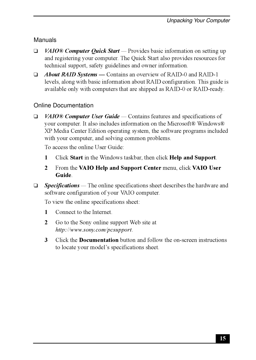 Sony VGC-RA930G, VGC-RA830G, Personal Computer quick start Manuals, Online Documentation 