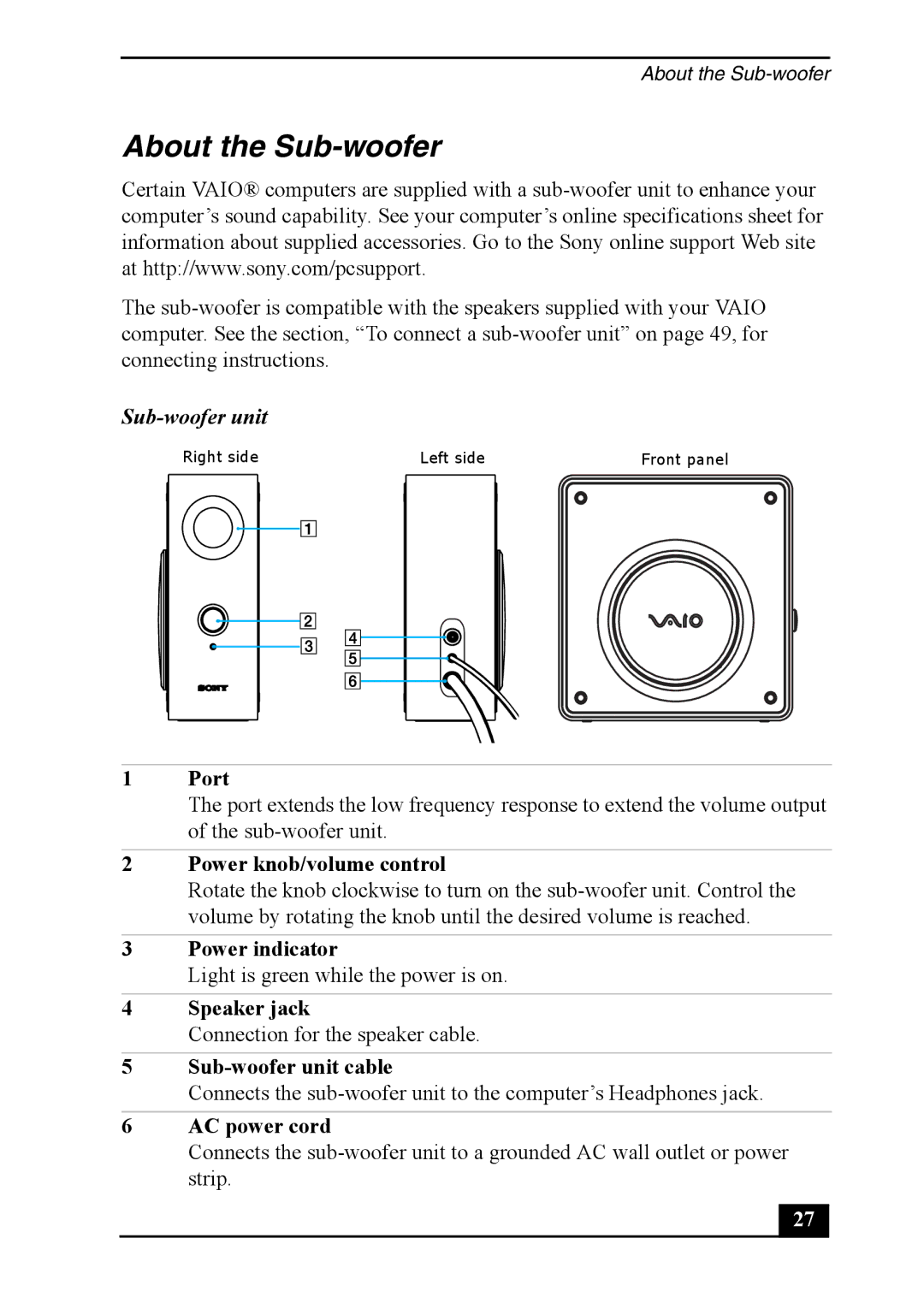 Sony VGC-RA930G, VGC-RA830G, Personal Computer quick start About the Sub-woofer, Sub-woofer unit 