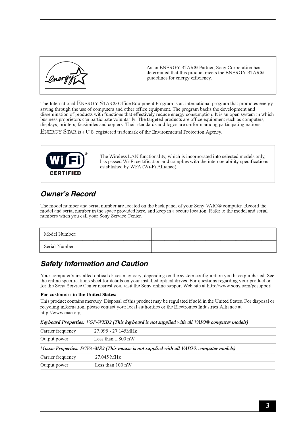 Sony VGC-RA930G, VGC-RA830G, Personal Computer quick start Owner’s Record, Safety Information and Caution 