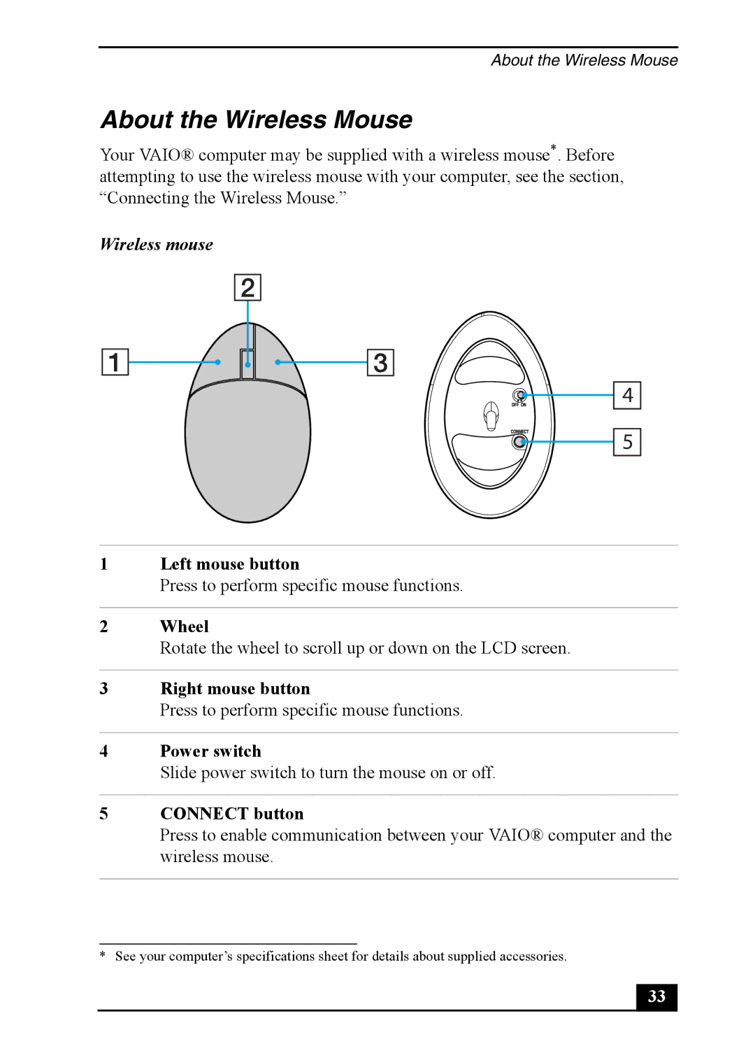 Sony VGC-RA930G, VGC-RA830G, Personal Computer quick start About the Wireless Mouse, Wireless mouse 