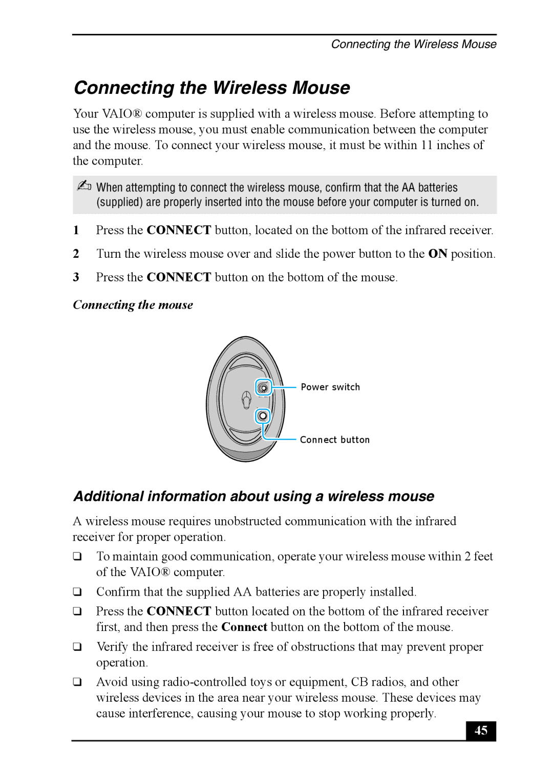 Sony VGC-RA930G Connecting the Wireless Mouse, Additional information about using a wireless mouse, Connecting the mouse 