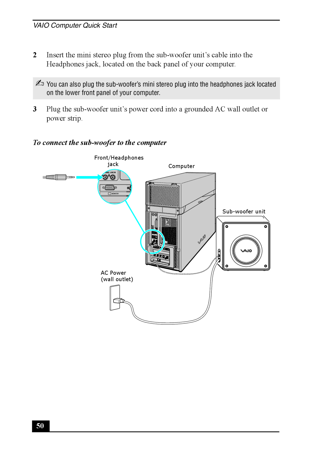 Sony Personal Computer, VGC-RA930G, VGC-RA830G quick start To connect the sub-woofer to the computer 