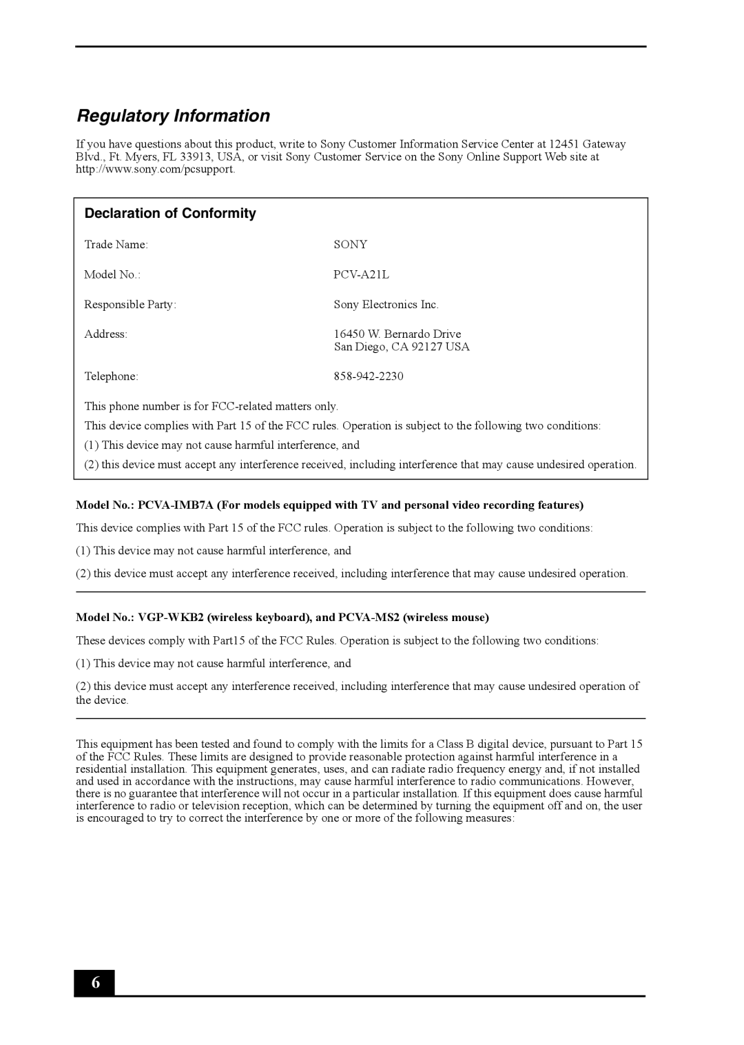 Sony VGC-RA930G, VGC-RA830G, Personal Computer quick start Regulatory Information, Declaration of Conformity 