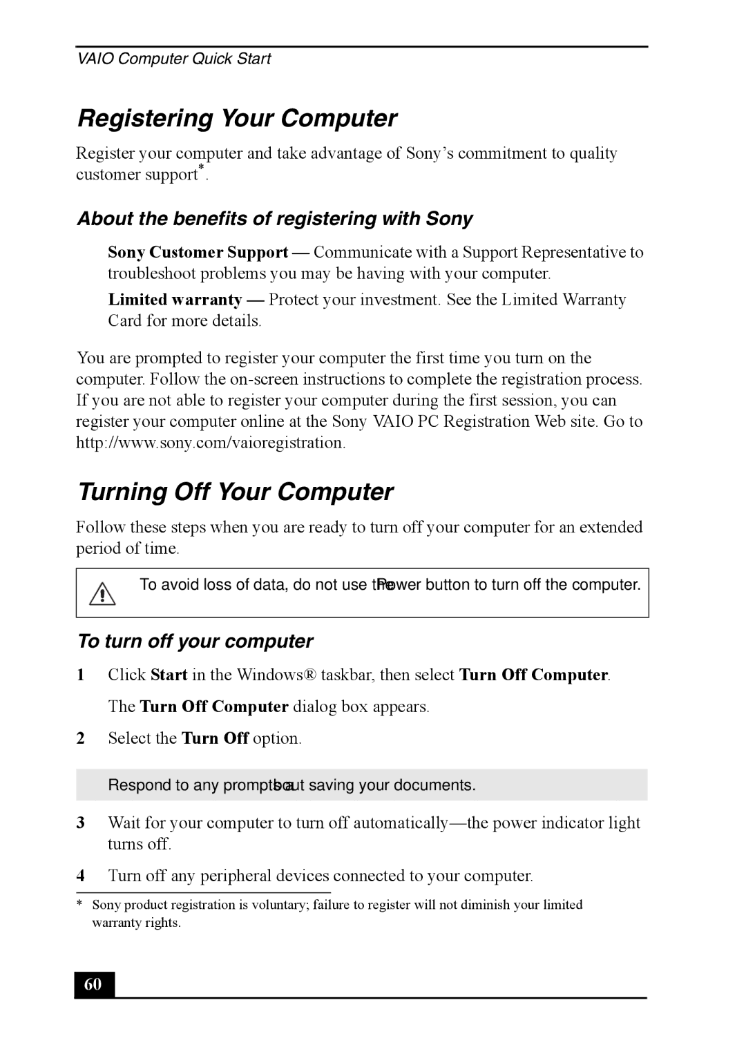 Sony VGC-RA930G Registering Your Computer, Turning Off Your Computer, About the benefits of registering with Sony 