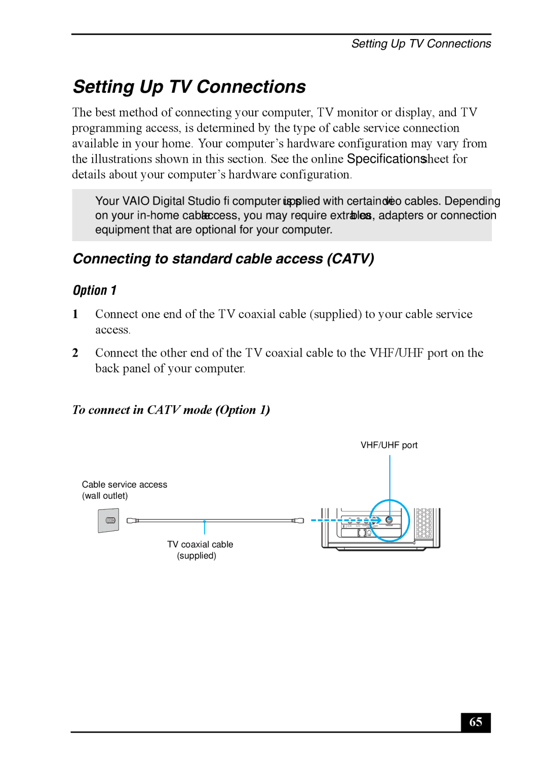 Sony Personal Computer, VGC-RA930G, VGC-RA830G Setting Up TV Connections, Connecting to standard cable access Catv, Option 