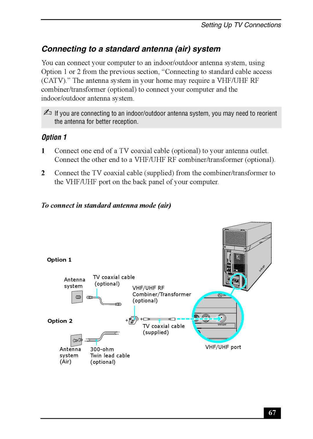 Sony VGC-RA830G, VGC-RA930G quick start Connecting to a standard antenna air system, To connect in standard antenna mode air 