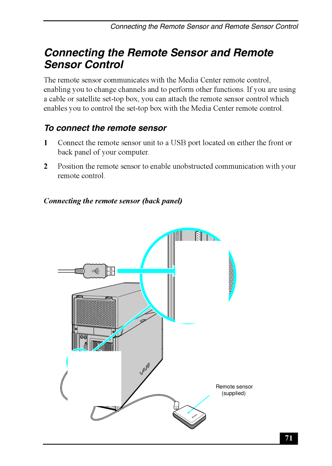 Sony Personal Computer, VGC-RA930G Connecting the Remote Sensor and Remote Sensor Control, To connect the remote sensor 