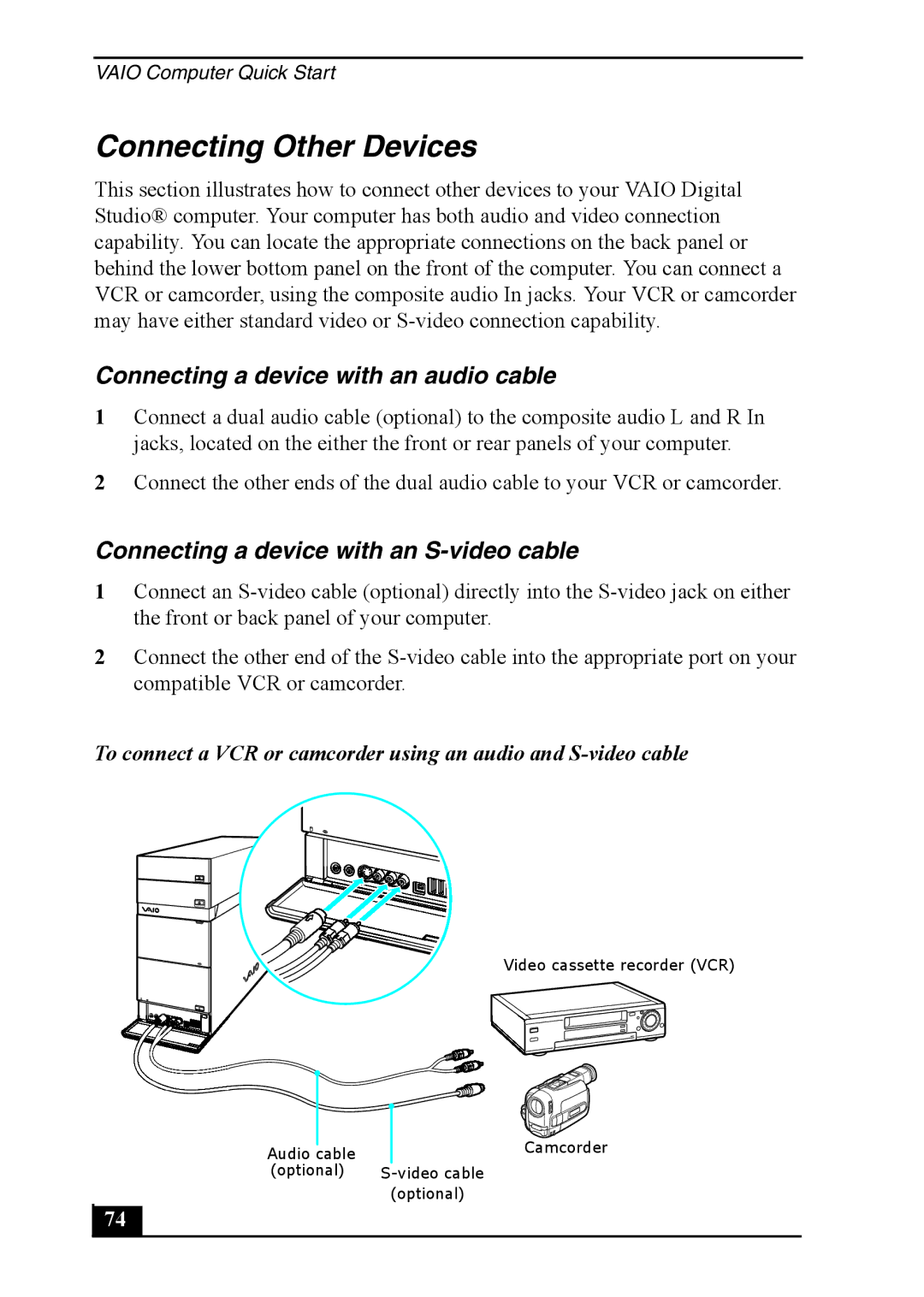 Sony Personal Computer, VGC-RA930G, VGC-RA830G quick start Connecting Other Devices, Connecting a device with an audio cable 