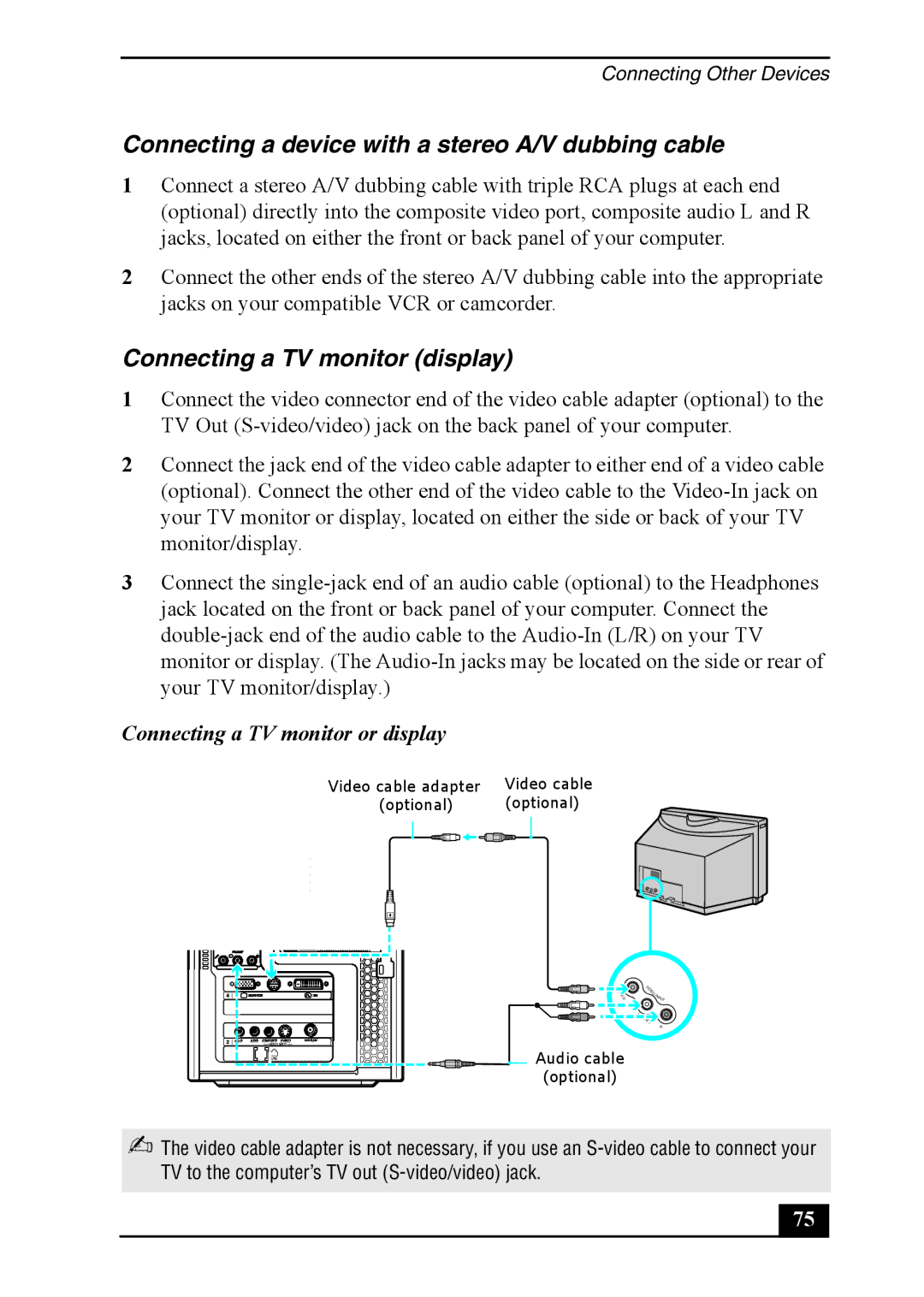 Sony VGC-RA930G, VGC-RA830G quick start Connecting a device with a stereo A/V dubbing cable, Connecting a TV monitor display 