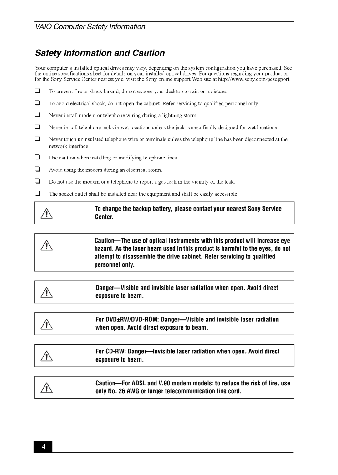 Sony VGC-RB30C/G manual Safety Information and Caution 