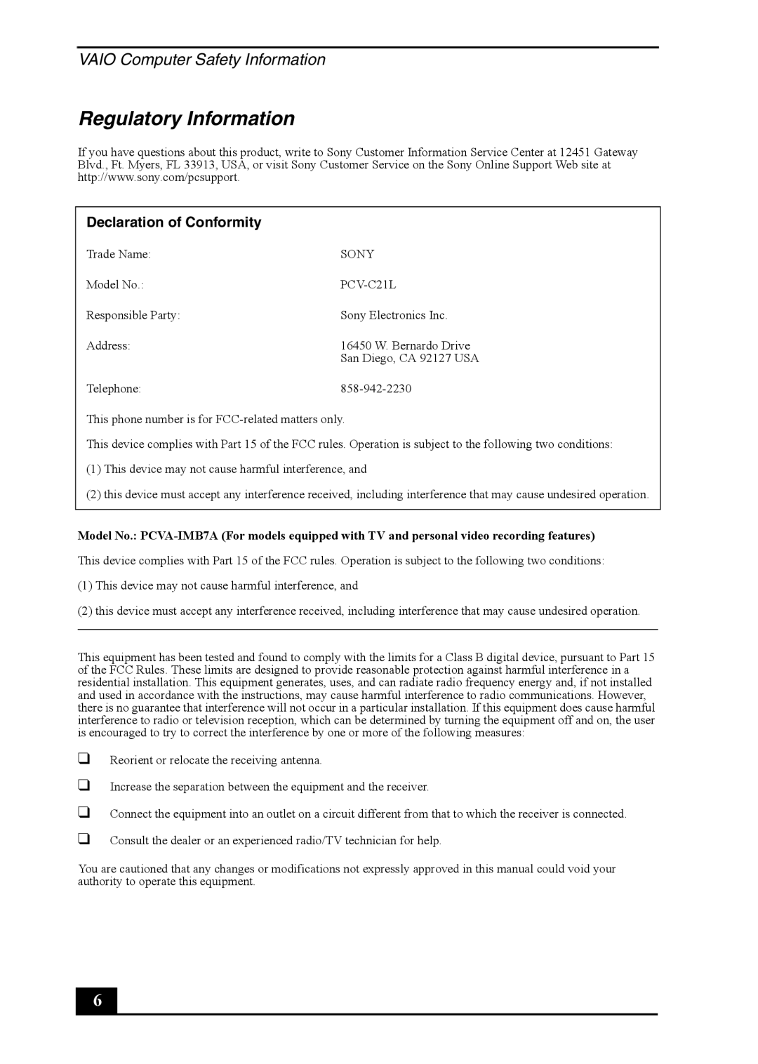 Sony VGC-RB30C/G manual Regulatory Information, Declaration of Conformity 