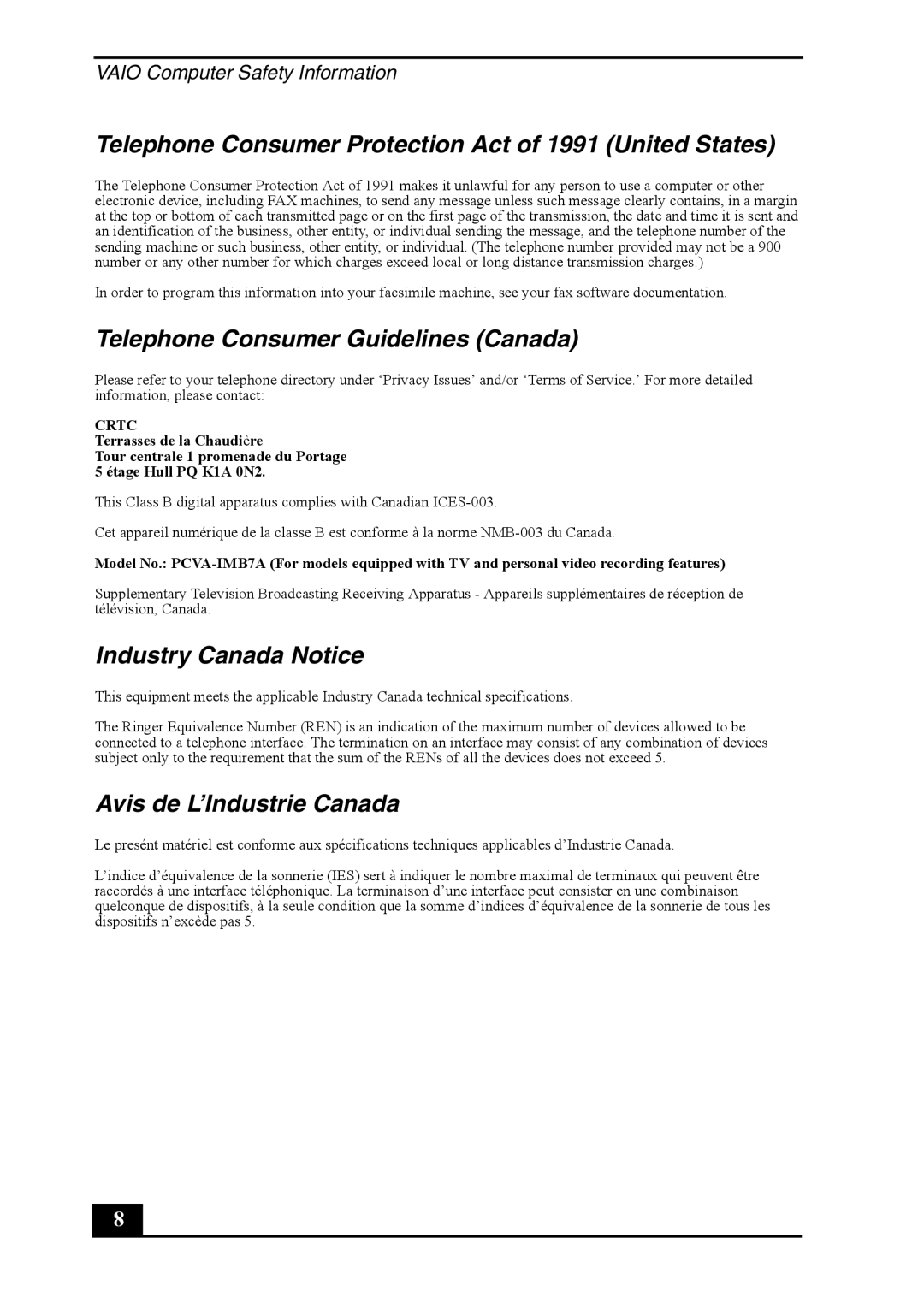 Sony VGC-RB30C/G manual Telephone Consumer Protection Act of 1991 United States, Telephone Consumer Guidelines Canada 