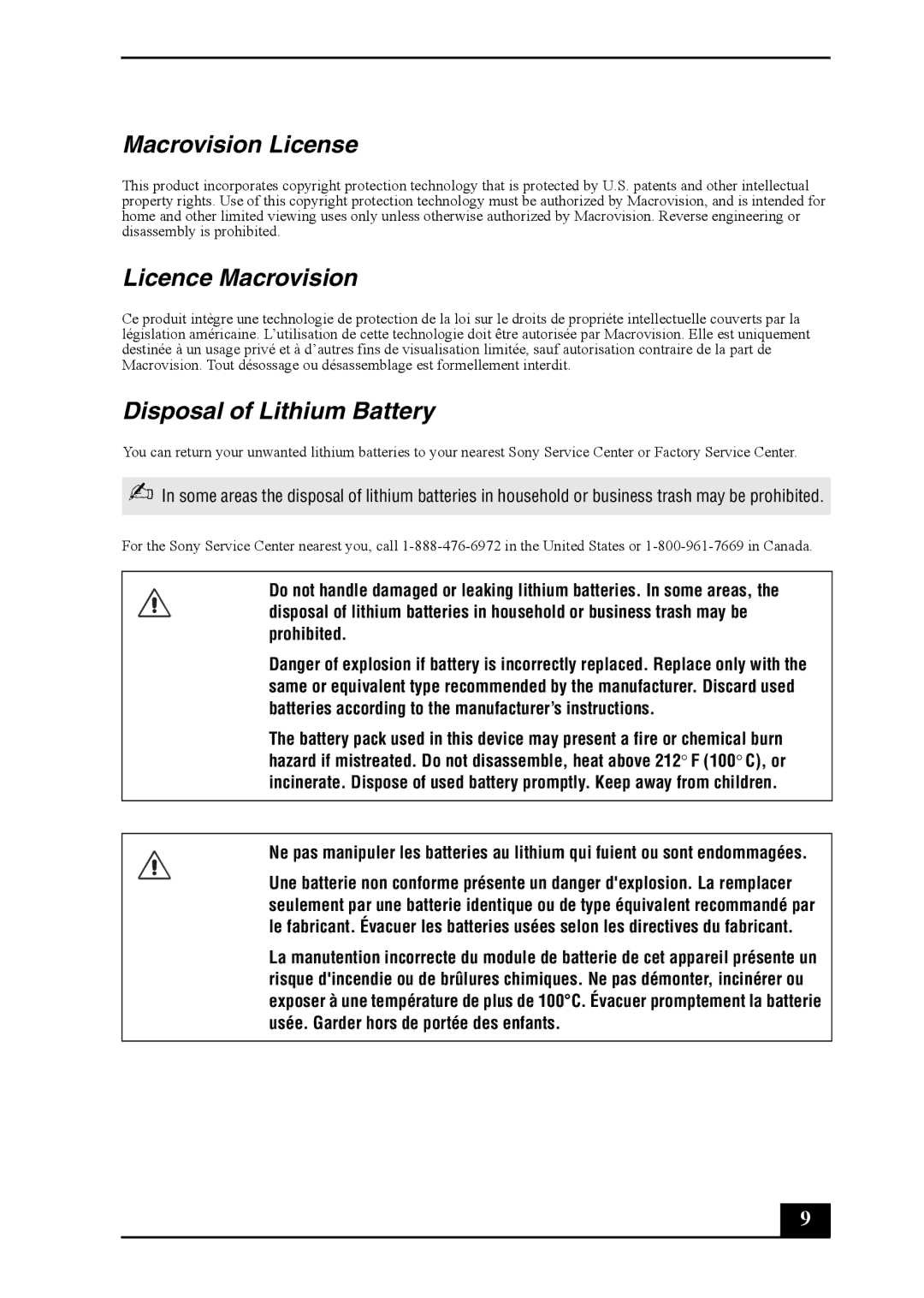 Sony VGC-RB30C/G manual Macrovision License, Licence Macrovision, Disposal of Lithium Battery 