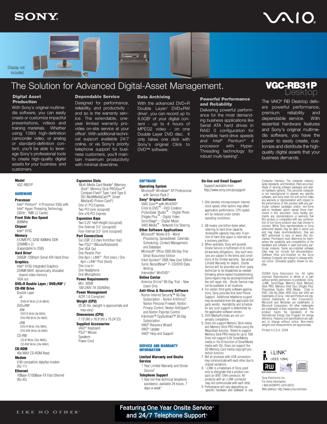 Sony VGC-RB31P dimensions Digital Asset Production, Dependable Service, Data Archiving 