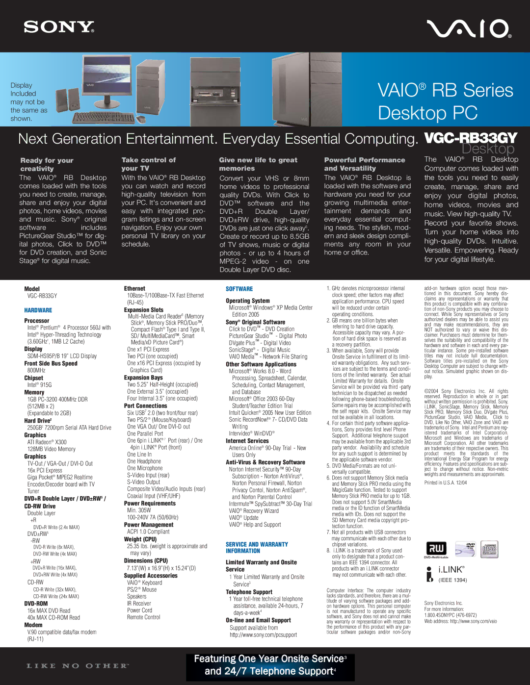 Sony VGC-RB33GY dimensions Ready for your creativity, Take control of your TV, Give new life to great memories 