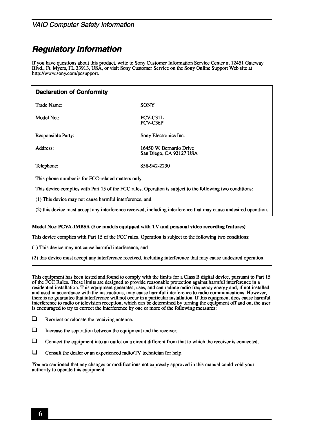 Sony VGC-RB40(G) manual Regulatory Information, Declaration of Conformity, VAIO Computer Safety Information 