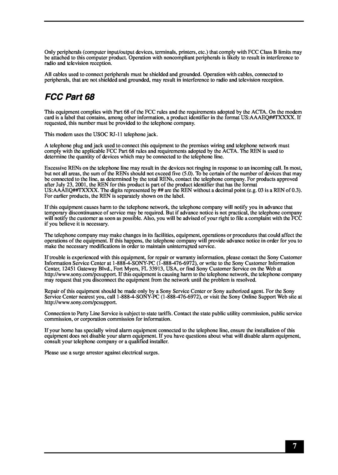 Sony VGC-RB40(G) manual FCC Part 