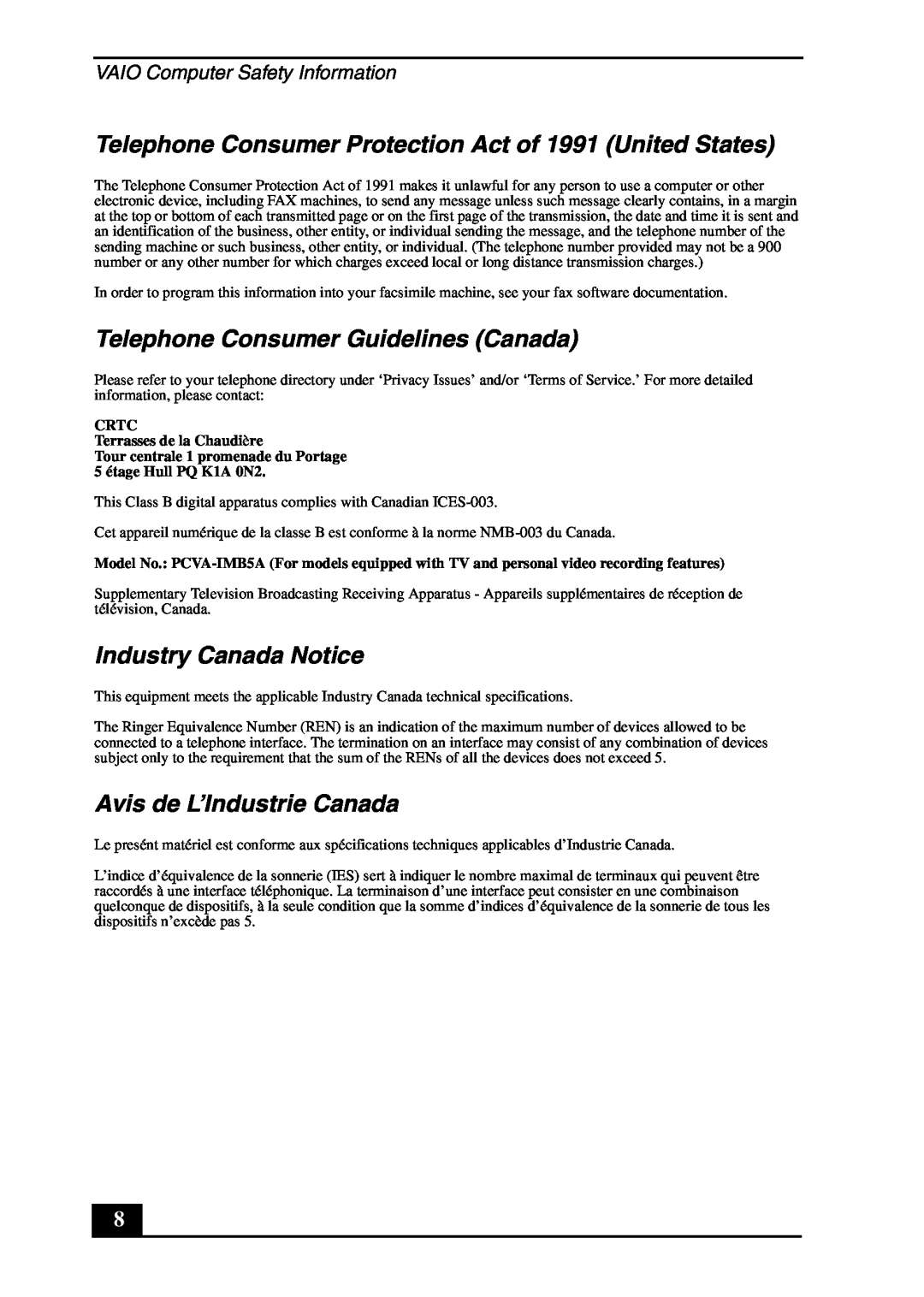 Sony VGC-RB40(G) manual Telephone Consumer Protection Act of 1991 United States, Telephone Consumer Guidelines Canada 