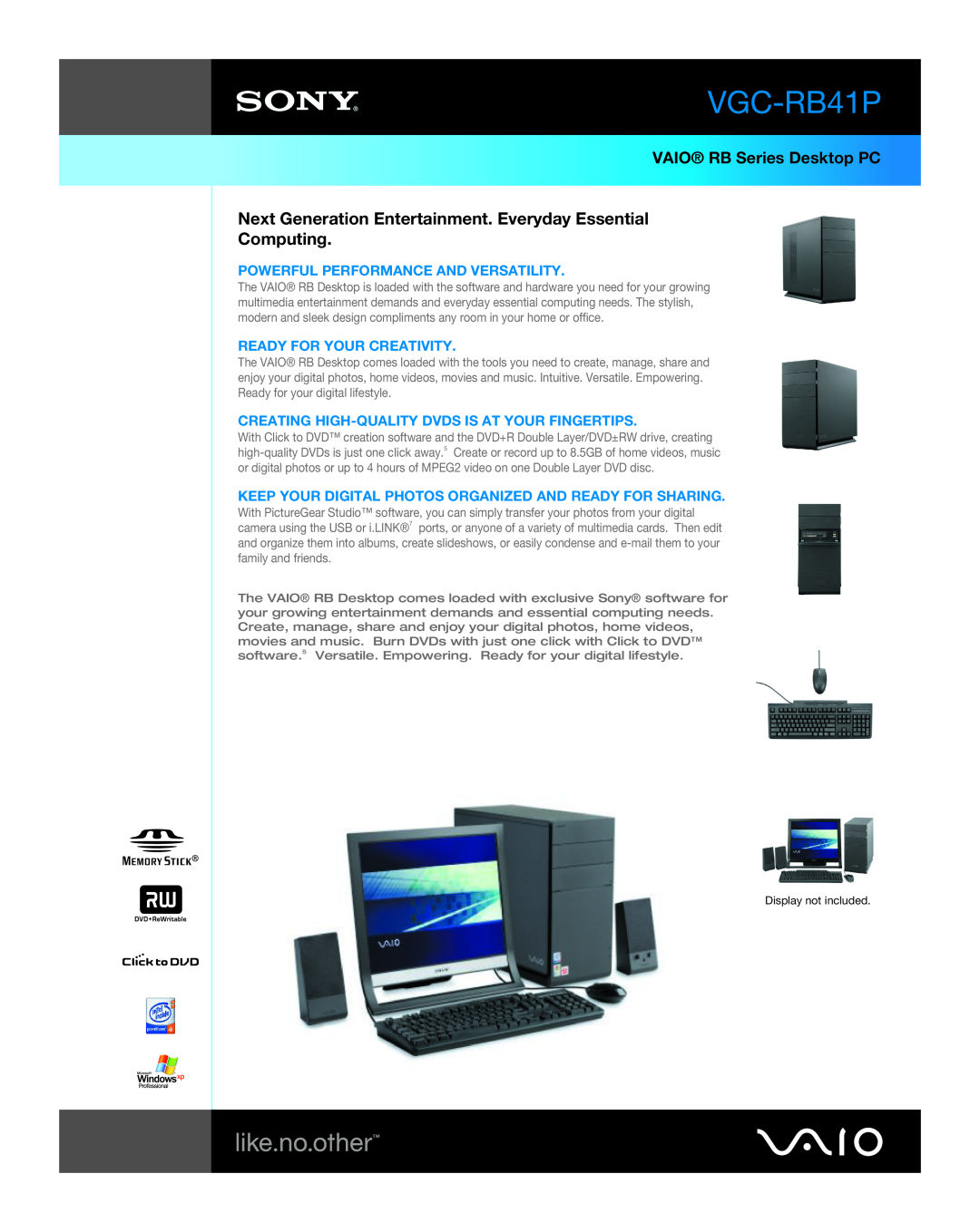 Sony VGC-RB41P manual VAIO RB Series Desktop PC, Next Generation Entertainment. Everyday Essential Computing 