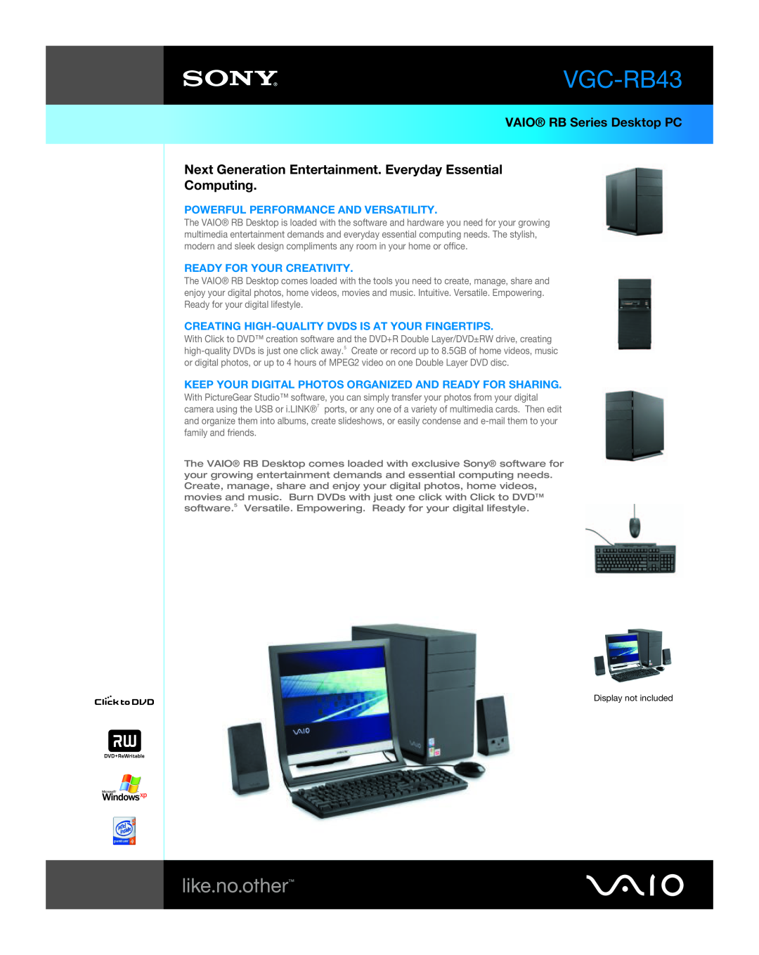 Sony VGC-RB43 manual VAIO RB Series Desktop PC, Next Generation Entertainment. Everyday Essential Computing 