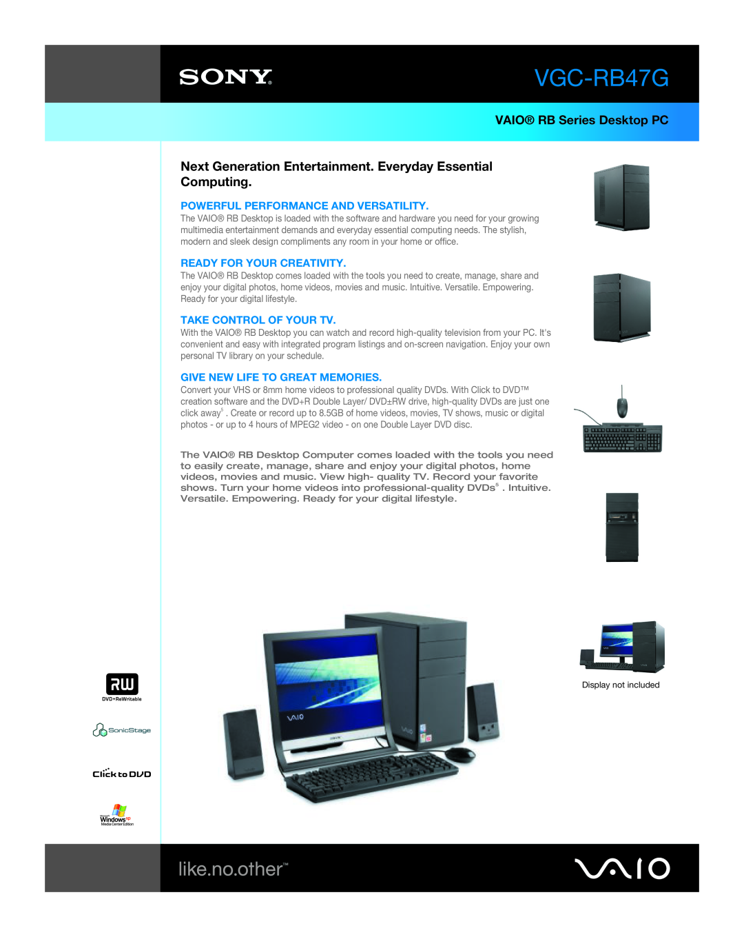 Sony VGC-RB47G manual VAIO RB Series Desktop PC, Next Generation Entertainment. Everyday Essential Computing 