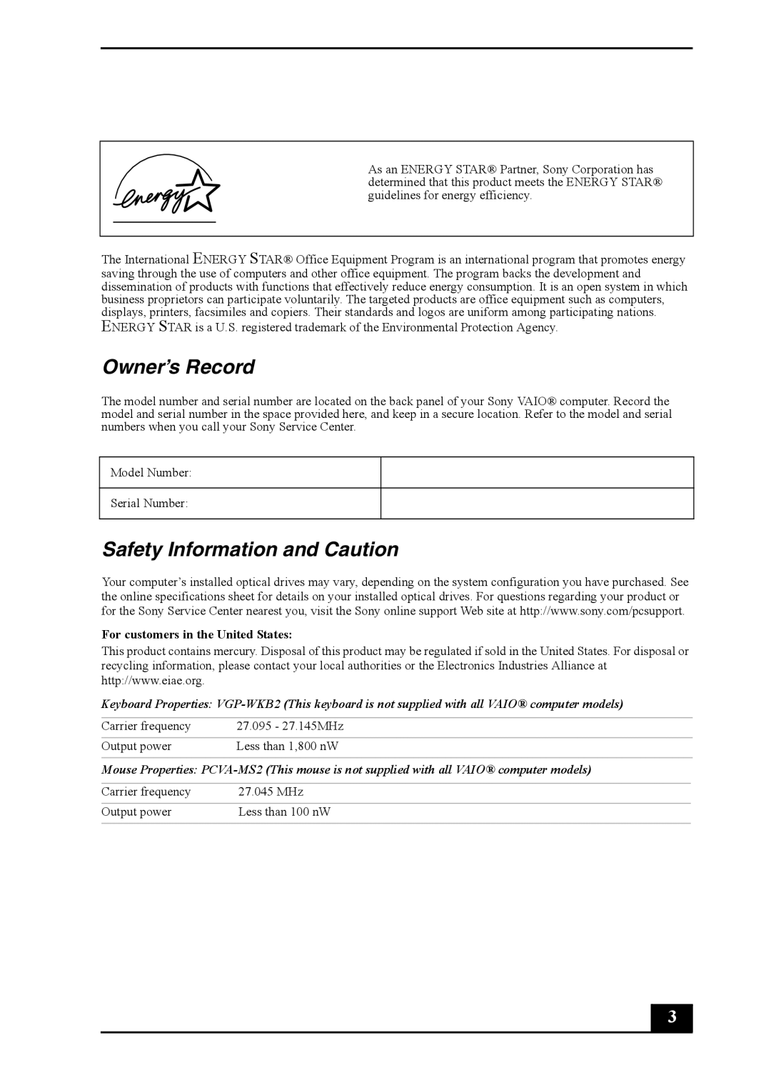 Sony VGC-RB50(G) manual Owner’s Record, Safety Information and Caution 