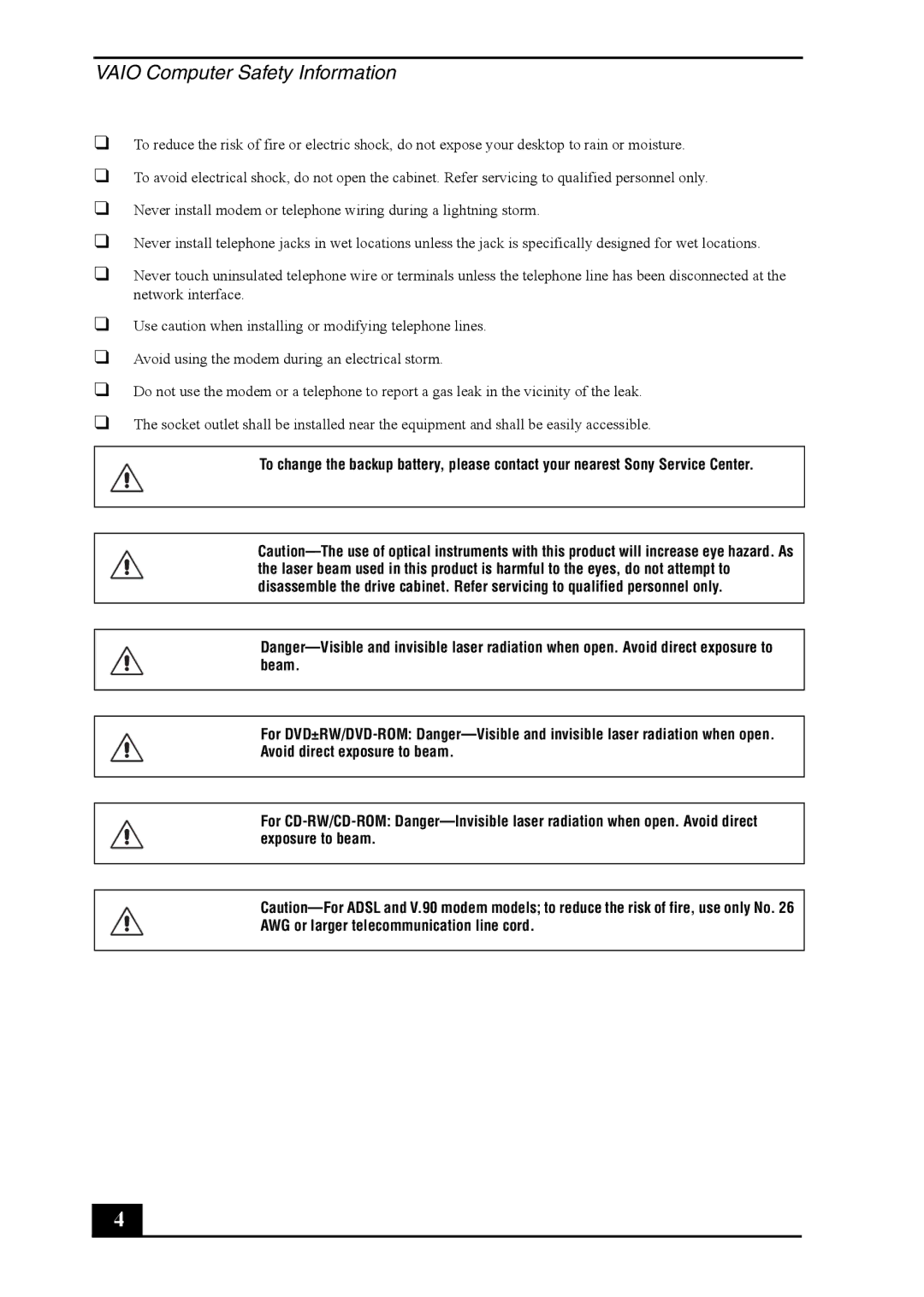 Sony VGC-RB50(G) manual Vaio Computer Safety Information 