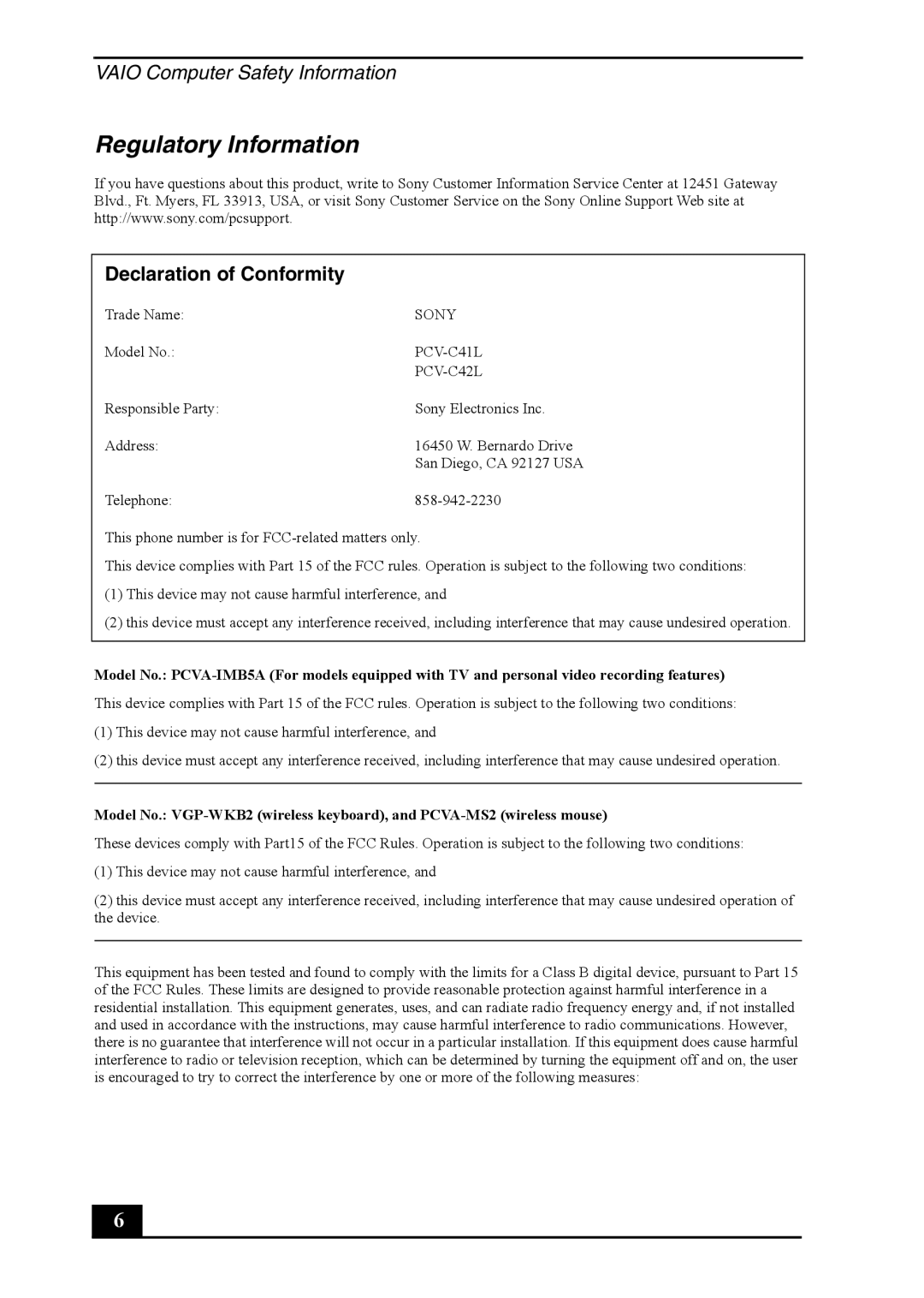 Sony VGC-RB50(G) manual Regulatory Information, Declaration of Conformity 