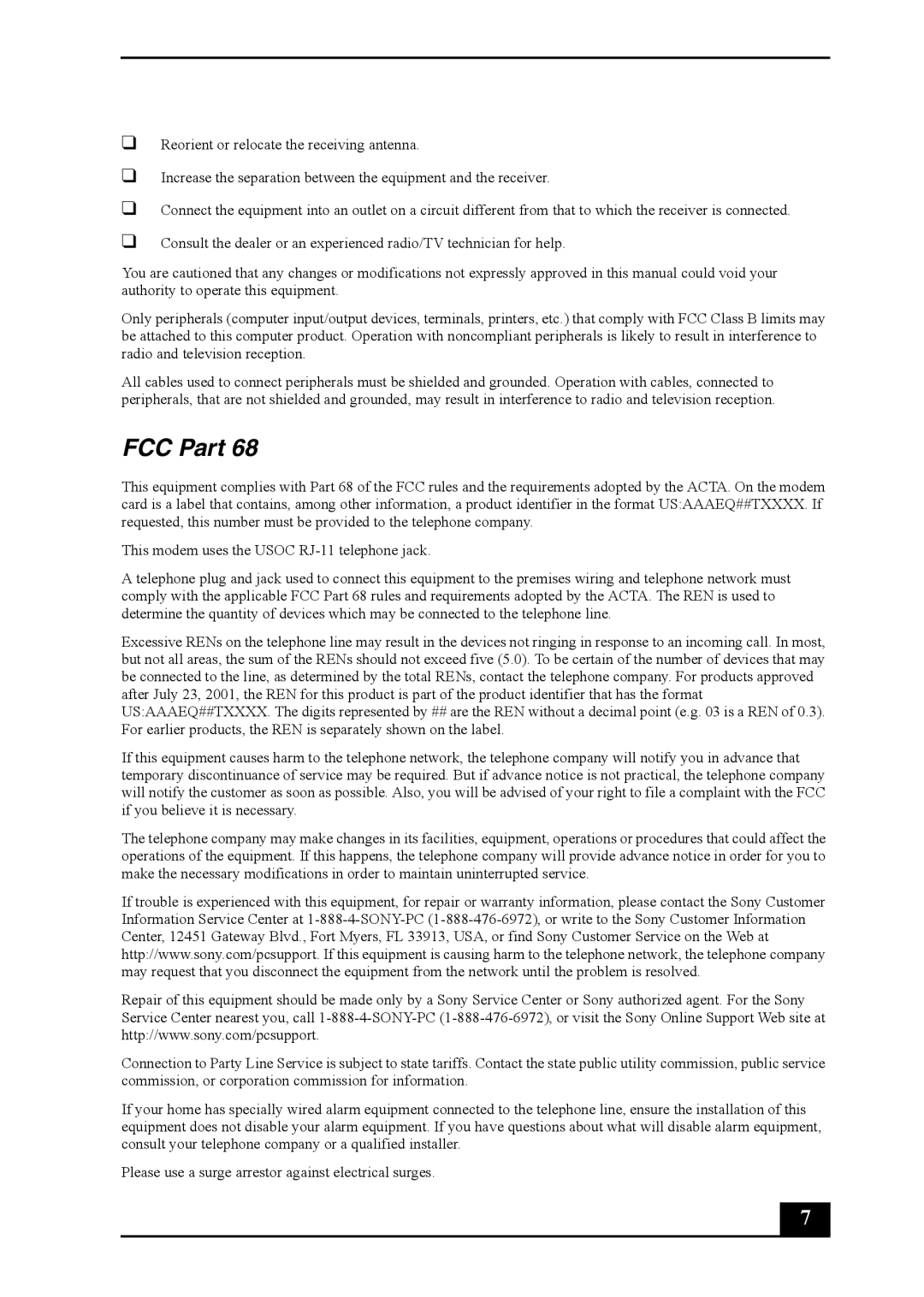 Sony VGC-RB50(G) manual FCC Part 