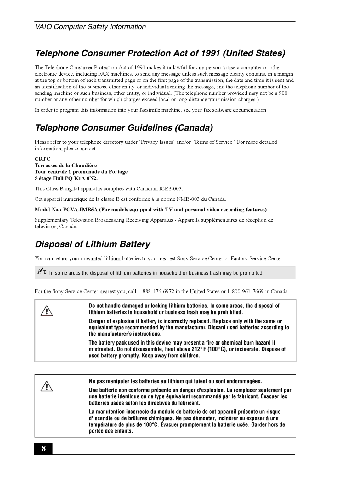 Sony VGC-RB50(G) manual Telephone Consumer Protection Act of 1991 United States, Telephone Consumer Guidelines Canada 