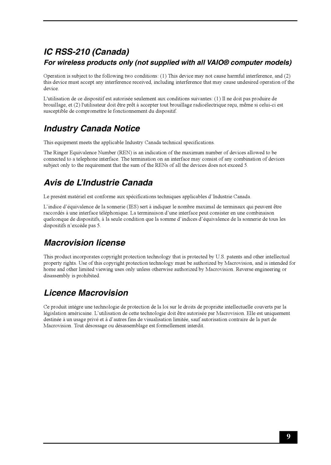 Sony VGC-RB50(G) manual IC RSS-210 Canada, Industry Canada Notice, Avis de L’Industrie Canada, Macrovision license 