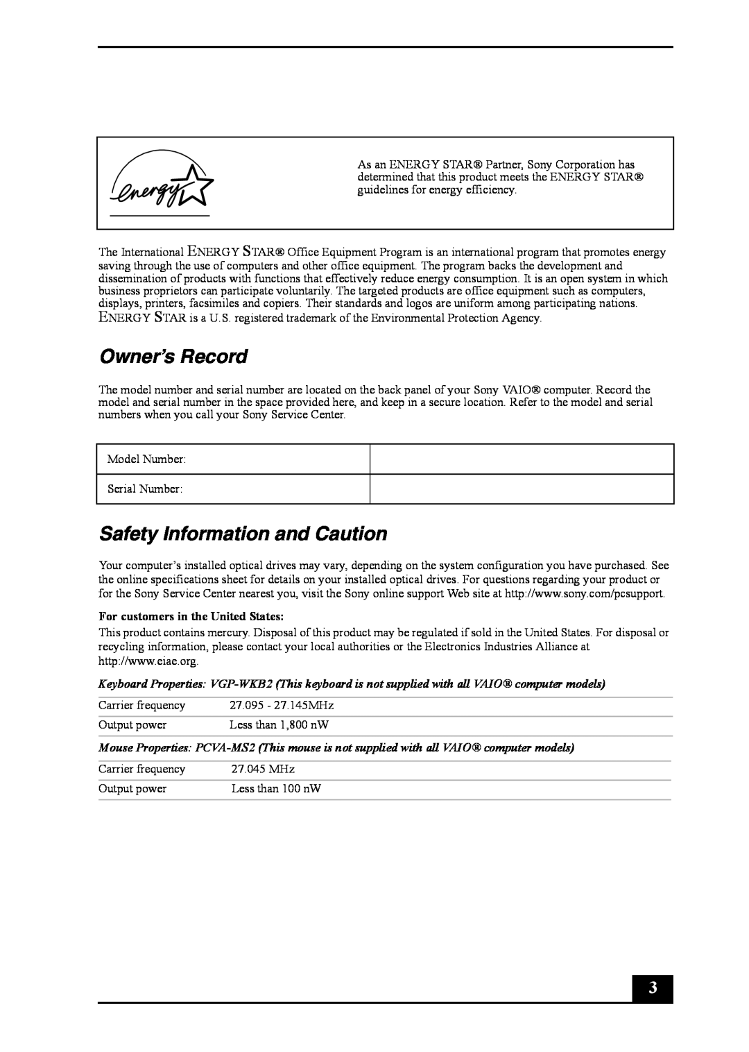 Sony VGC-RB50(G) manual Owner’s Record, Safety Information and Caution, For customers in the United States 
