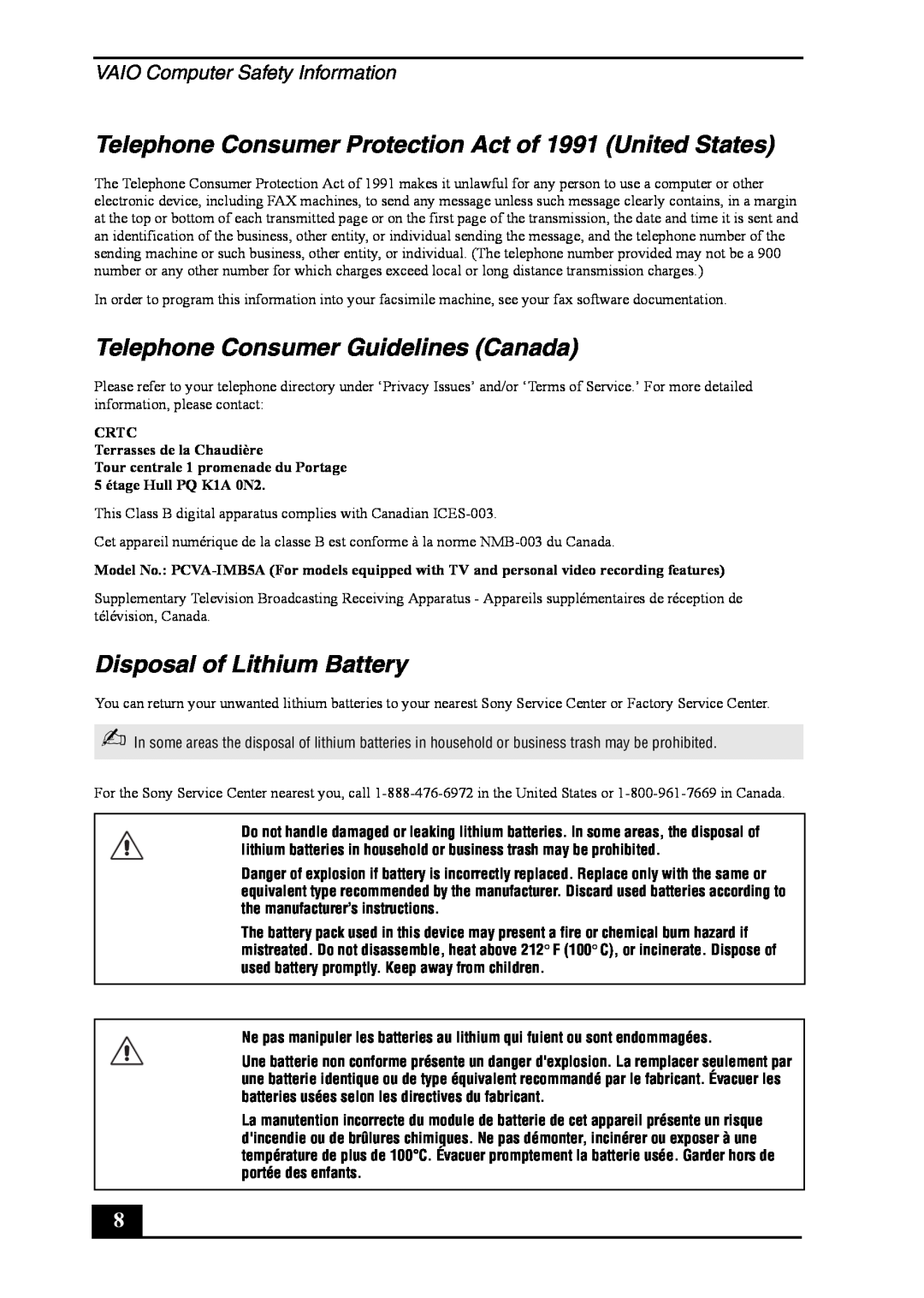 Sony VGC-RB50(G) manual Telephone Consumer Protection Act of 1991 United States, Telephone Consumer Guidelines Canada 